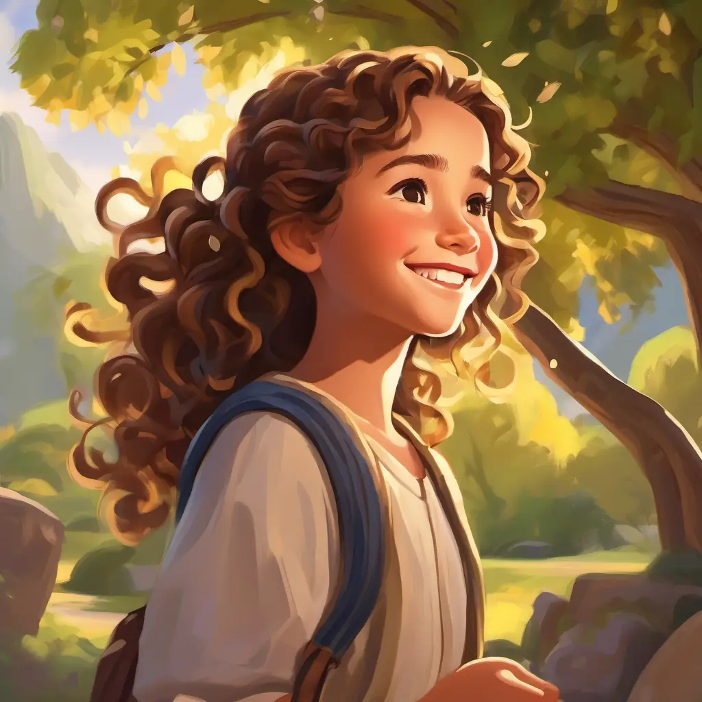 Young girl, curly brown hair, brown eyes, always carrying a smile removes stones and reassures the willow tree.
