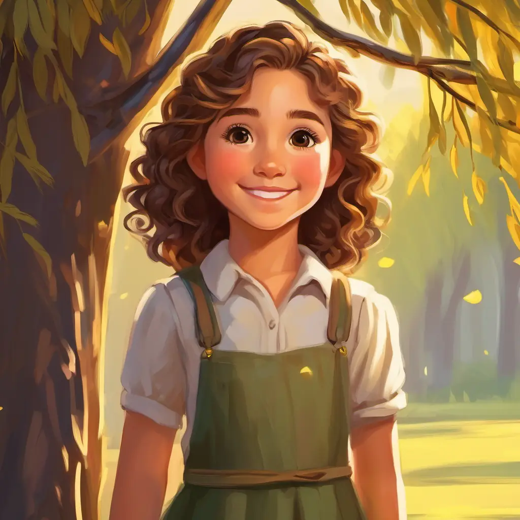 Willow tree thanks Young girl, curly brown hair, brown eyes, always carrying a smile for her help.