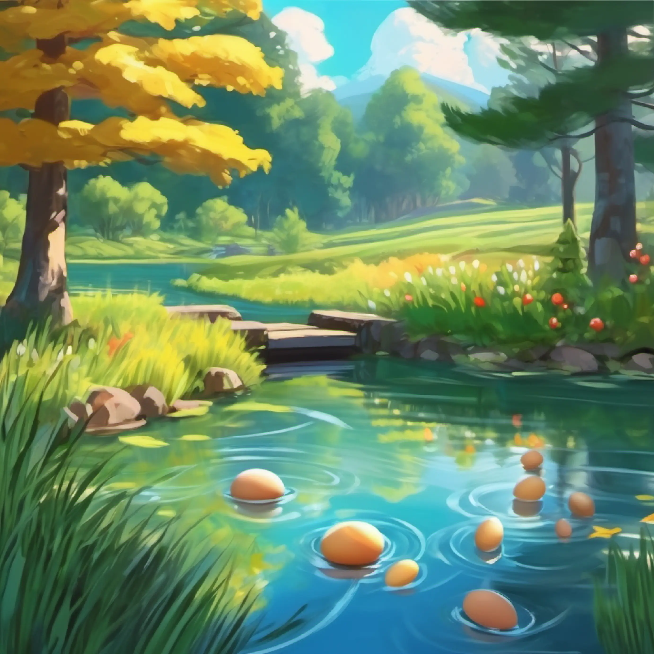 Setting introduction, egg in the pond, tranquil environment.