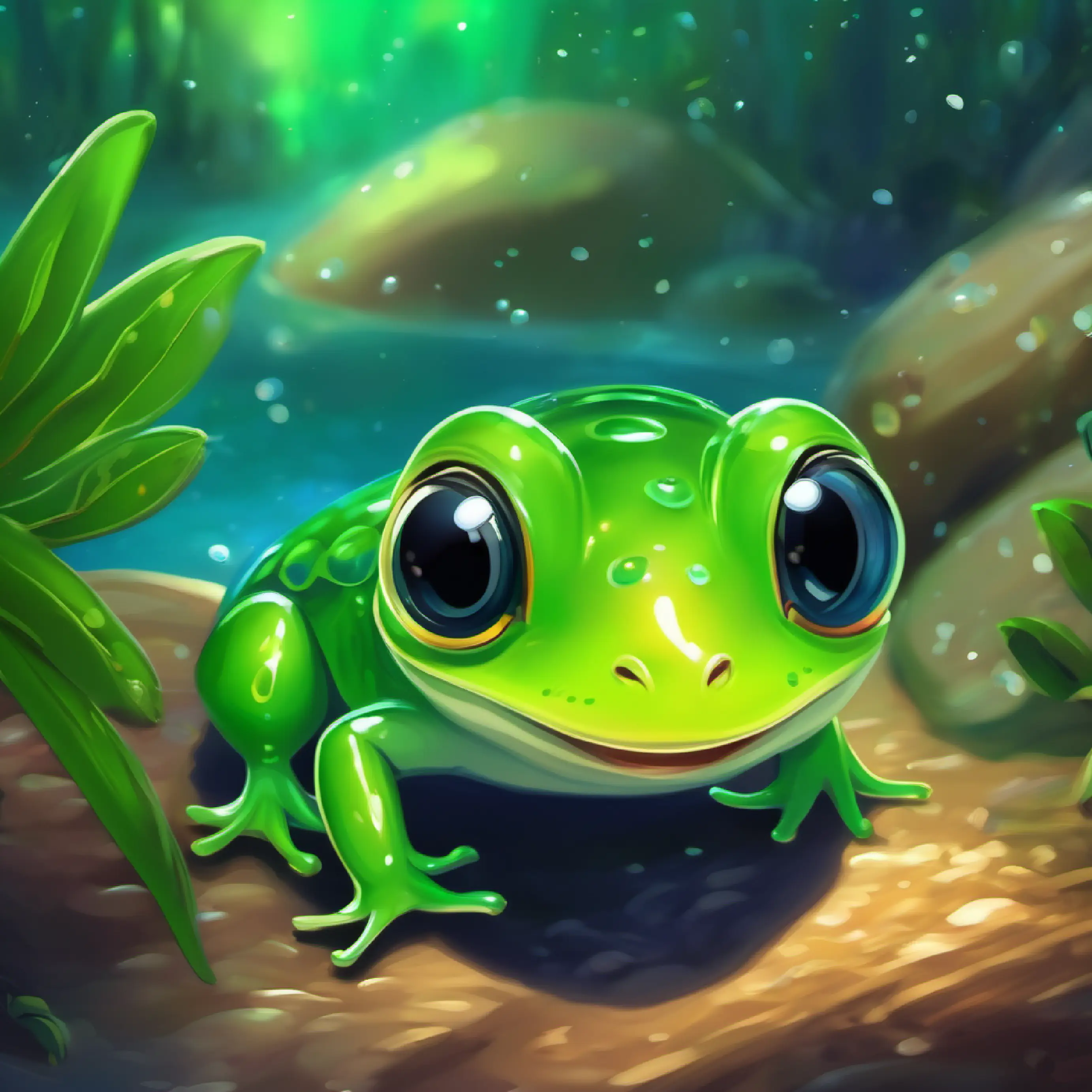 Tadpole named Tiny tadpole, vibrant green, curious eyes, eager to explore hatches, excited to explore.