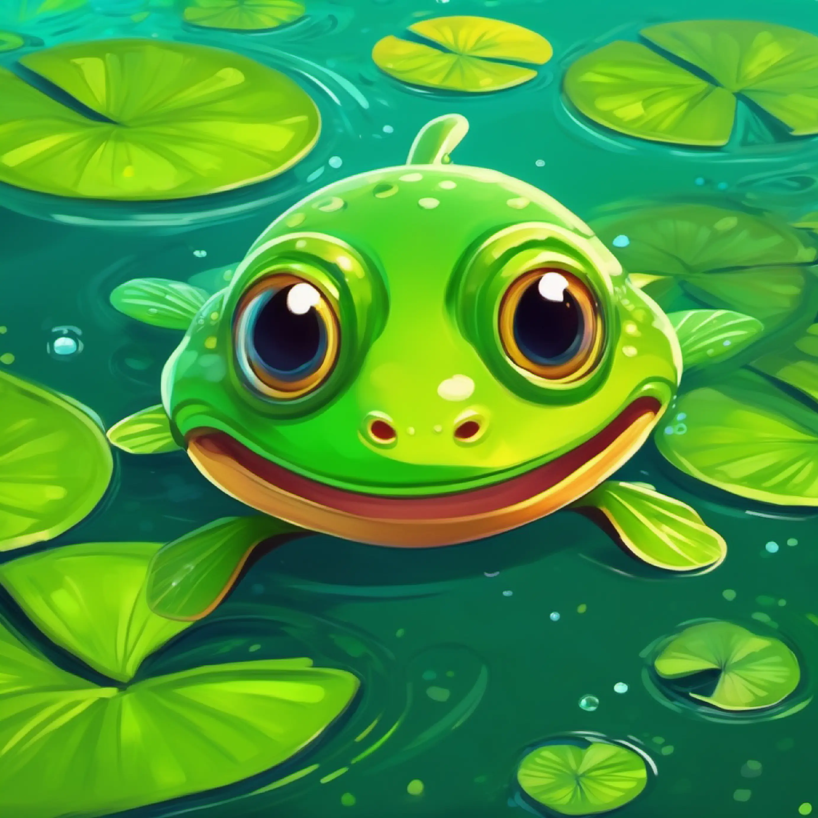 Tiny tadpole, vibrant green, curious eyes, eager to explore exploring the pond, using his tail to swim.