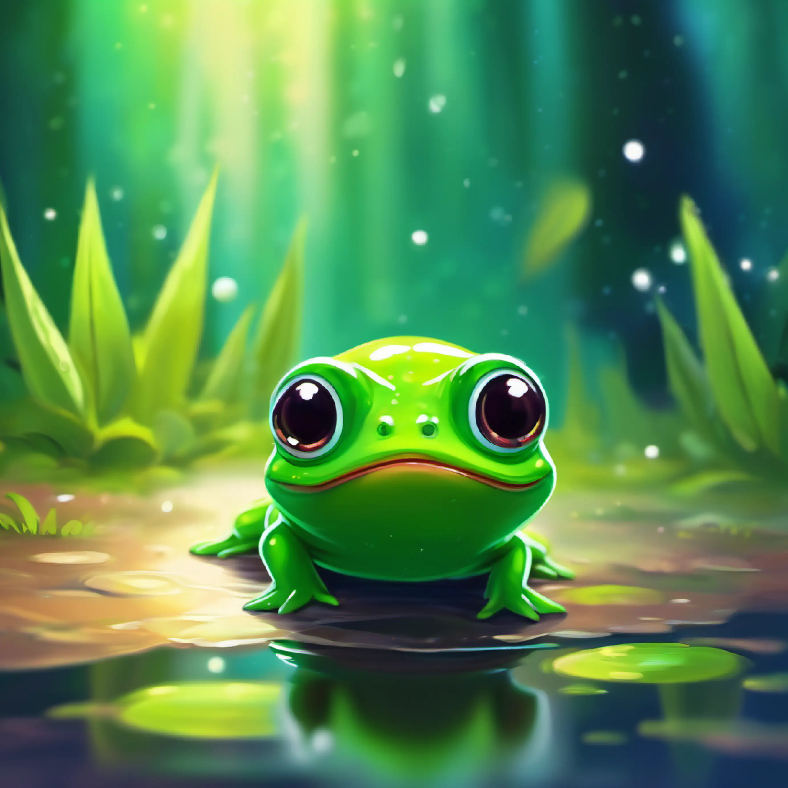 Tiny tadpole, vibrant green, curious eyes, eager to explore encounters a dangerous situation, shrinking puddle.