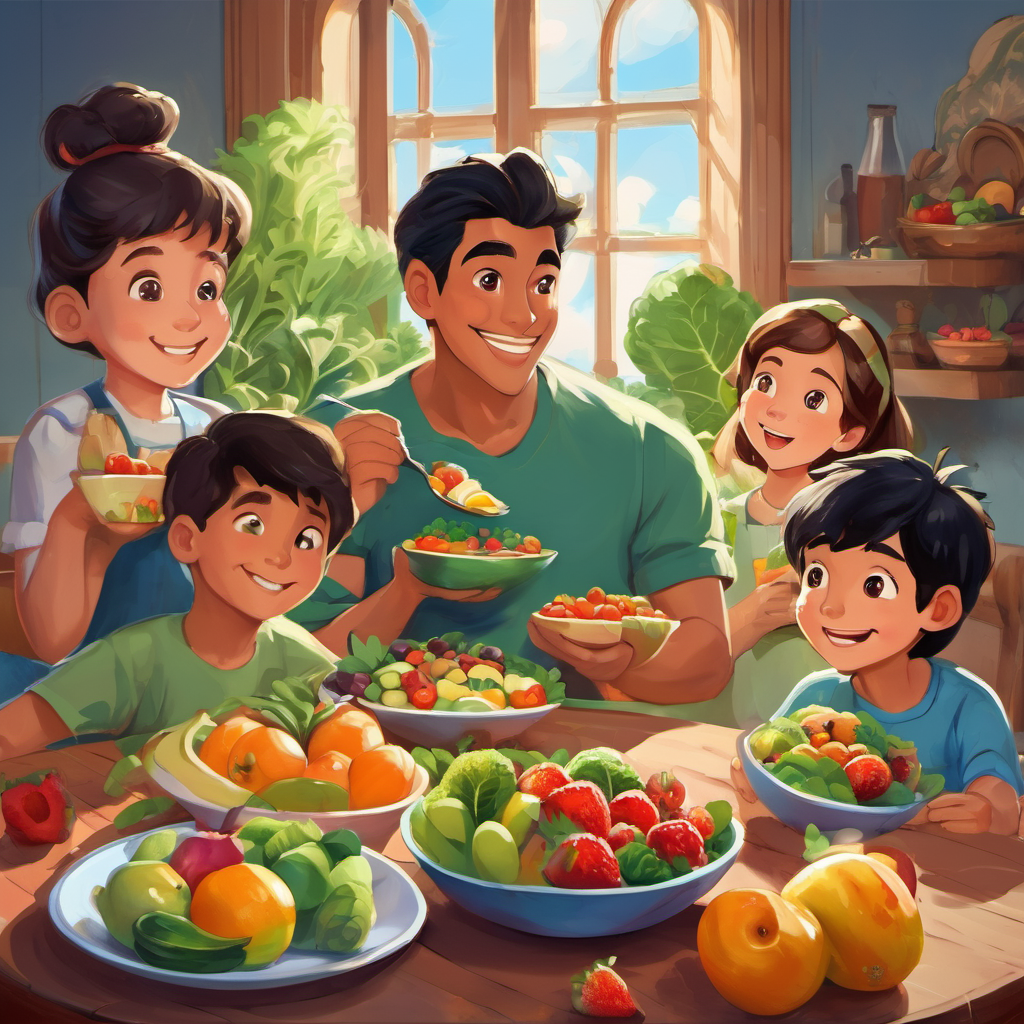 An illustration of Ali eating a nutritious breakfast with his family, smiling and holding a plate of fruits and vegetables.