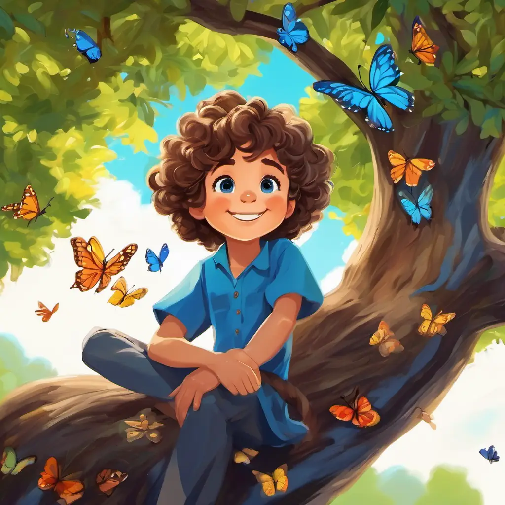 Curly brown hair, bright blue eyes, kind-hearted and always smiling is sitting under a big oak tree, smiling and waving at butterflies.