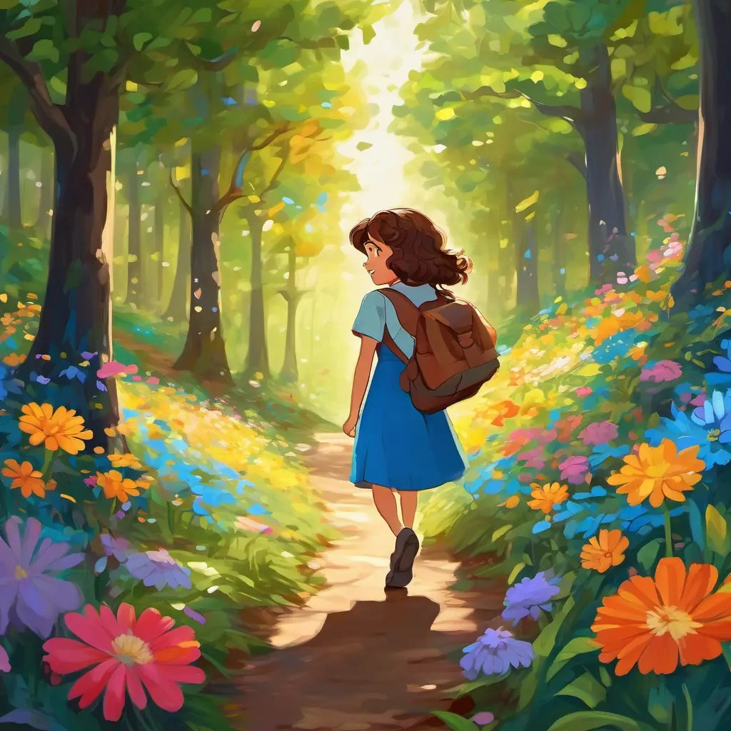 Curly brown hair, bright blue eyes, kind-hearted and always smiling is walking through a colorful forest, surrounded by tall trees and colorful flowers.
