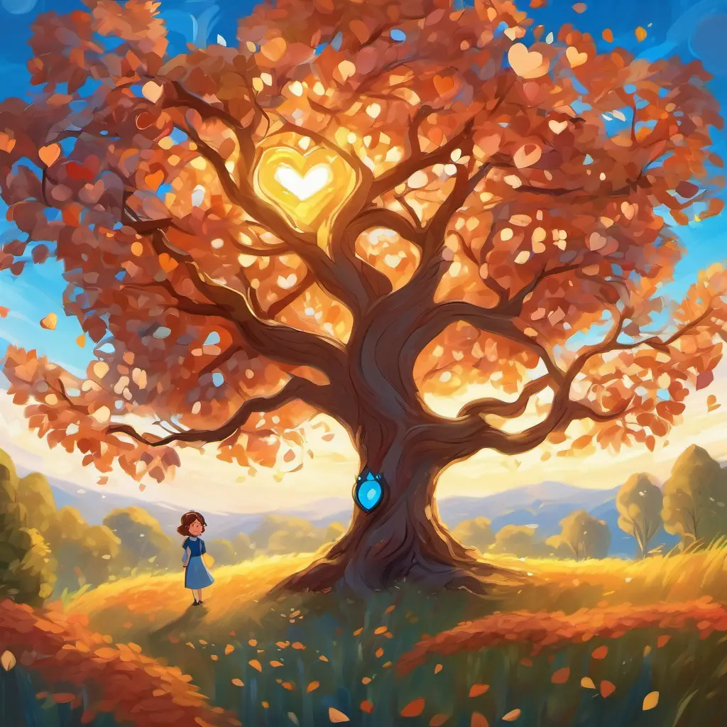 Curly brown hair, bright blue eyes, kind-hearted and always smiling is standing in front of a magnificent tree with branches that form a heart shape, glowing with a warm golden light.