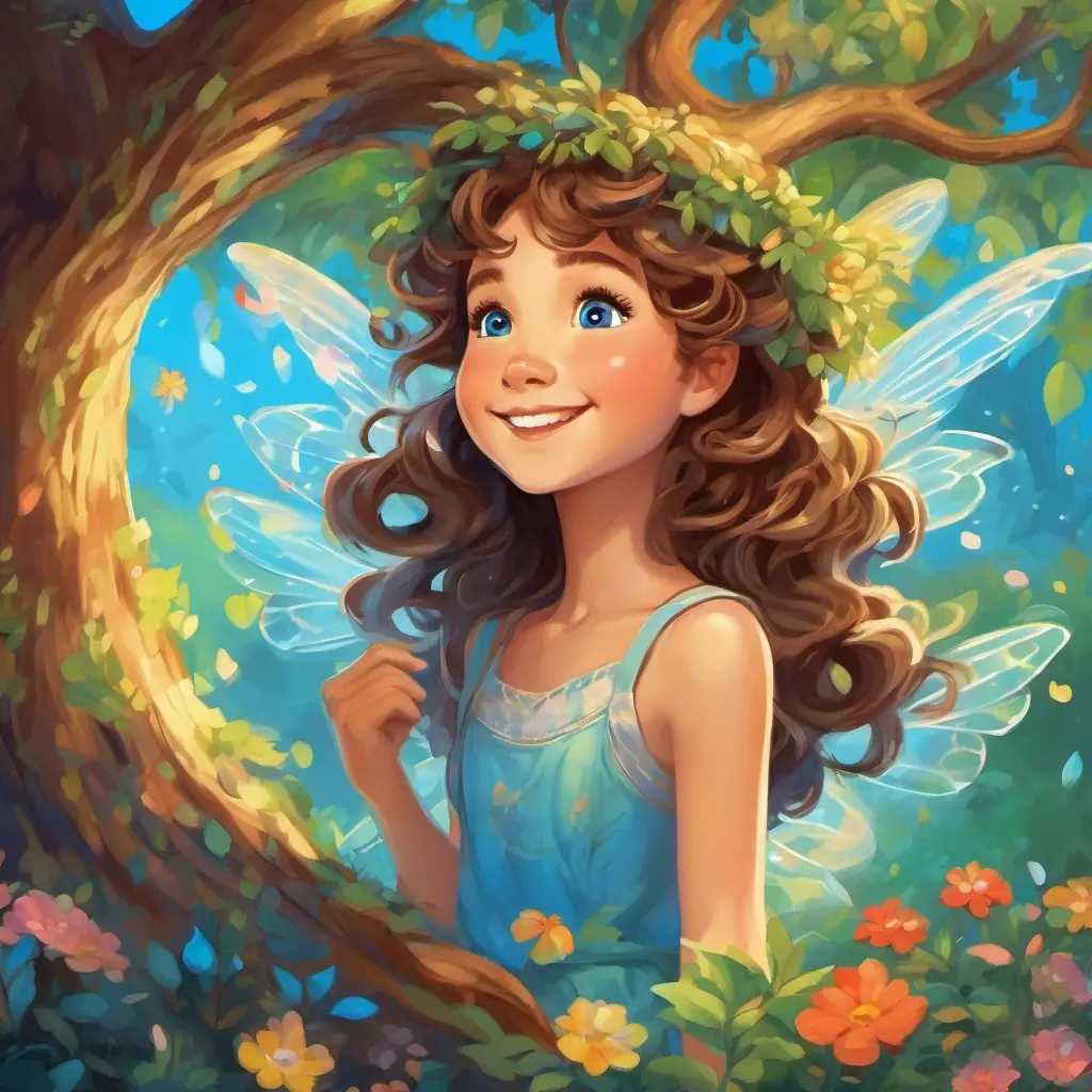 Curly brown hair, bright blue eyes, kind-hearted and always smiling is speaking to the Friendship Tree while colorful fairies with friendly smiles surround her.