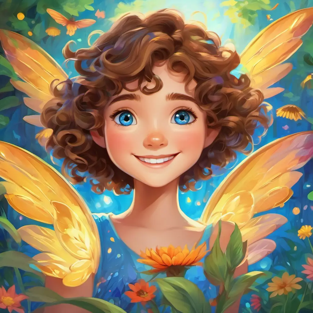 Curly brown hair, bright blue eyes, kind-hearted and always smiling is nodding with a big smile, surrounded by fairies with colorful wings.