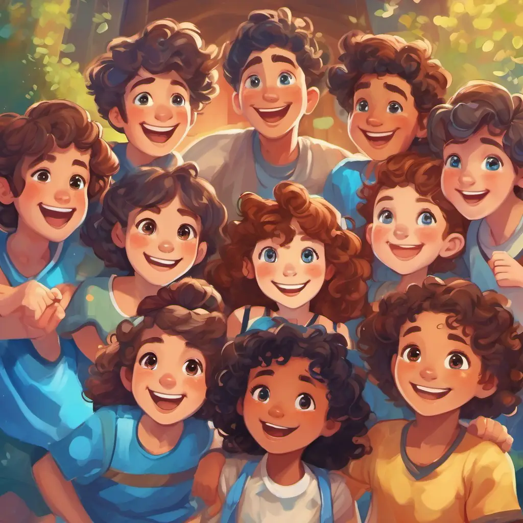 Curly brown hair, bright blue eyes, kind-hearted and always smiling is laughing and playing with a diverse group of friends, having fun together.