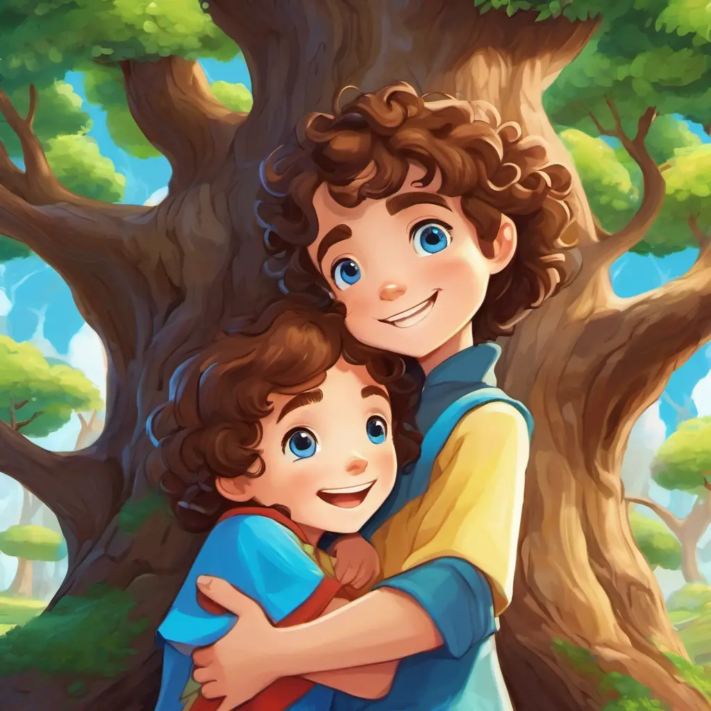 Curly brown hair, bright blue eyes, kind-hearted and always smiling is hugging a new friend under the Friendship Tree as other friends happily gather around.