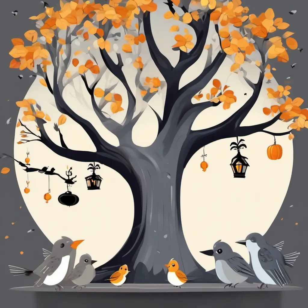 Cheerful gray number 19 with a bow, a gray number 19 with a bow, pointing towards a tree branch with nine cute birds sitting on it.
