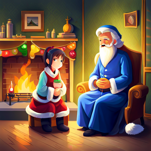 Santacrose and Ali sitting by the fireplace, having a heartwarming conversation