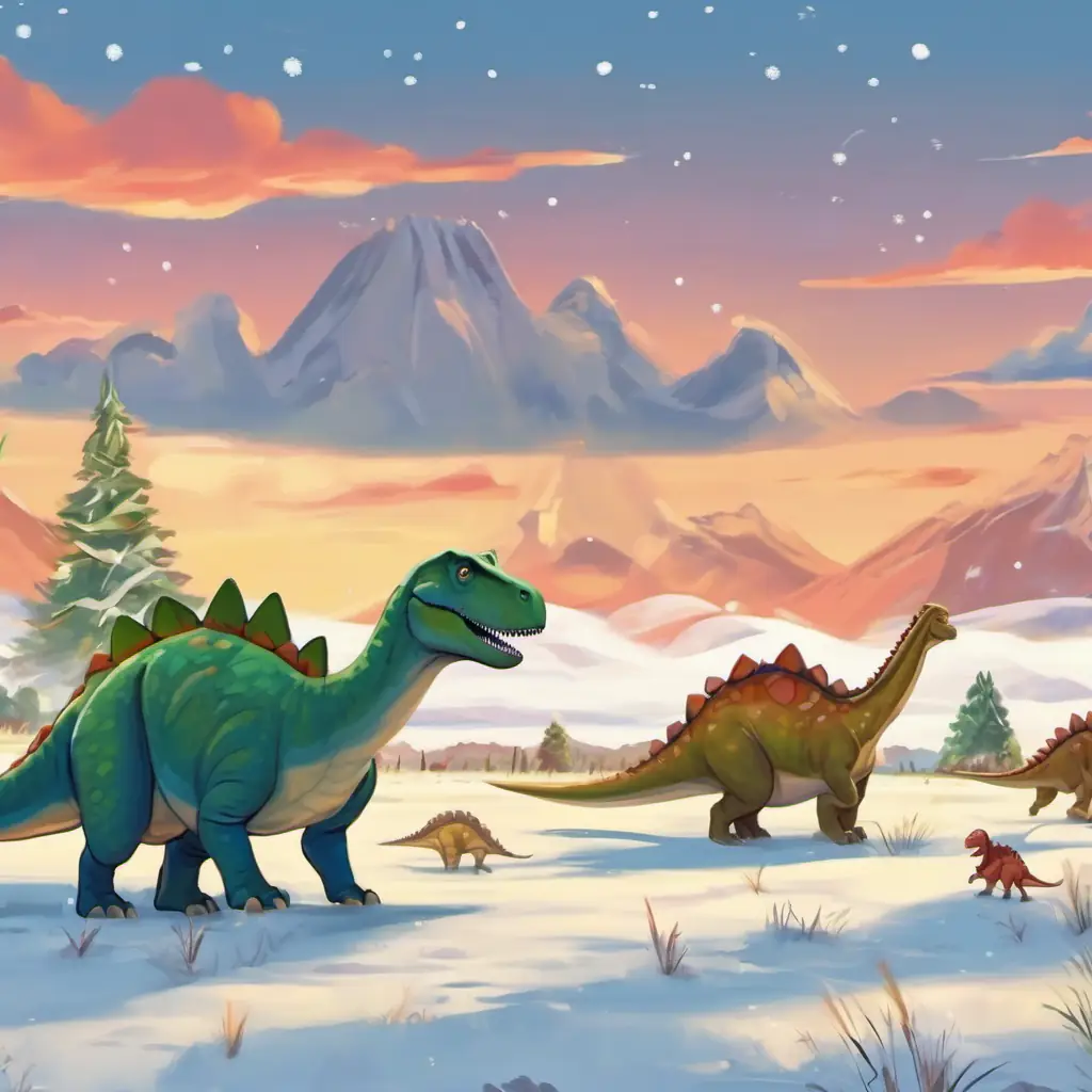 Dino in a wide open field, looking sad, with other dinosaurs in the background.