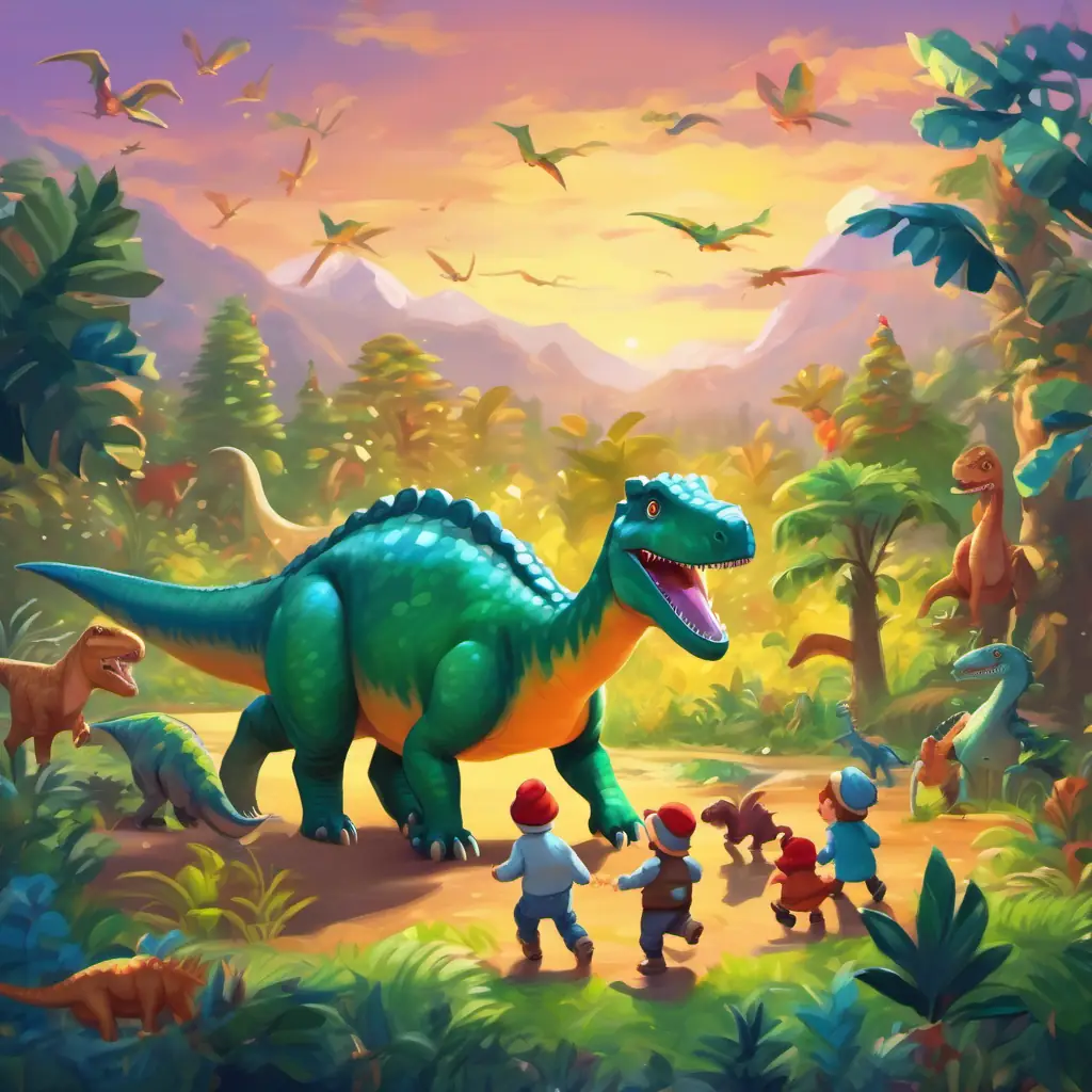 Dino playing with the creatures, all smiling and joyous together.