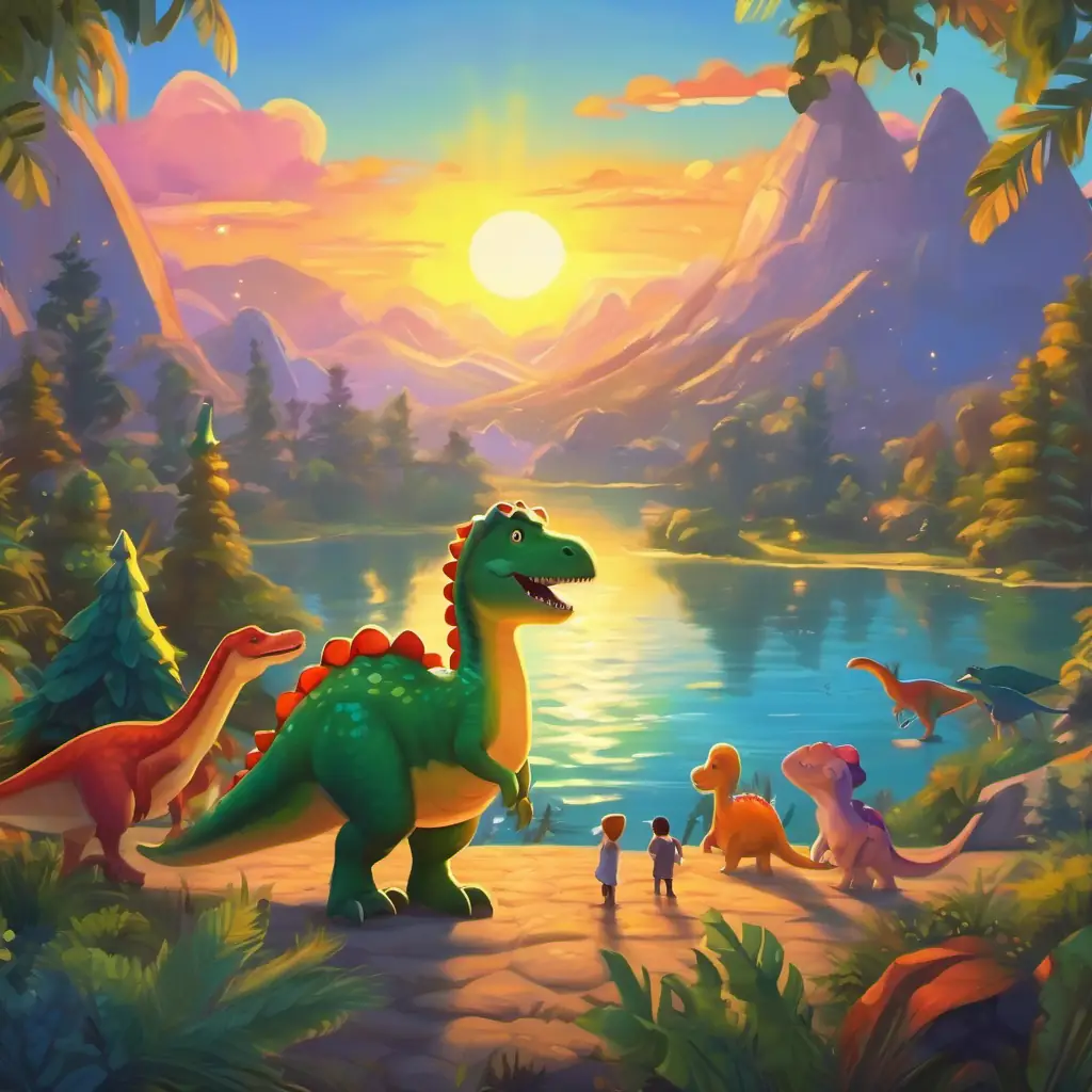 Dino and the creatures watching the sun go down, feeling happy and content.