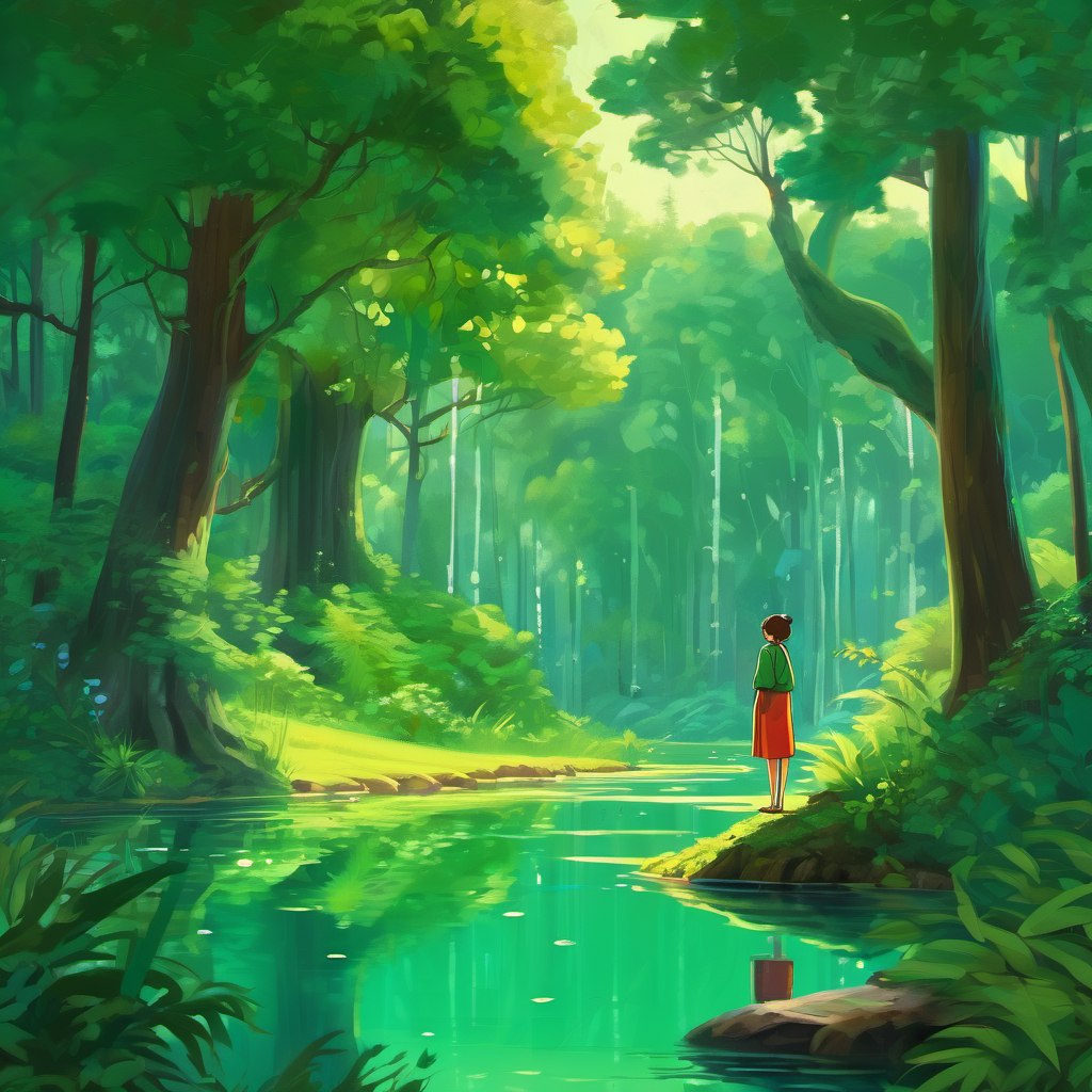 Arishfa standing next to a magical pond, surrounded by tall trees with leaves in various shades of green.