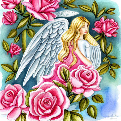 A pretty angel with silver shimmering wings with long golden hair and a gown of pink roses