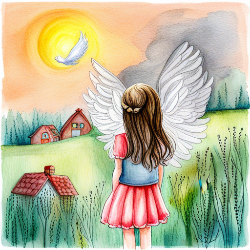 A pretty angel with silver shimmering wings flying above a village and spotting sad A sad little girl longing for her missing puppy