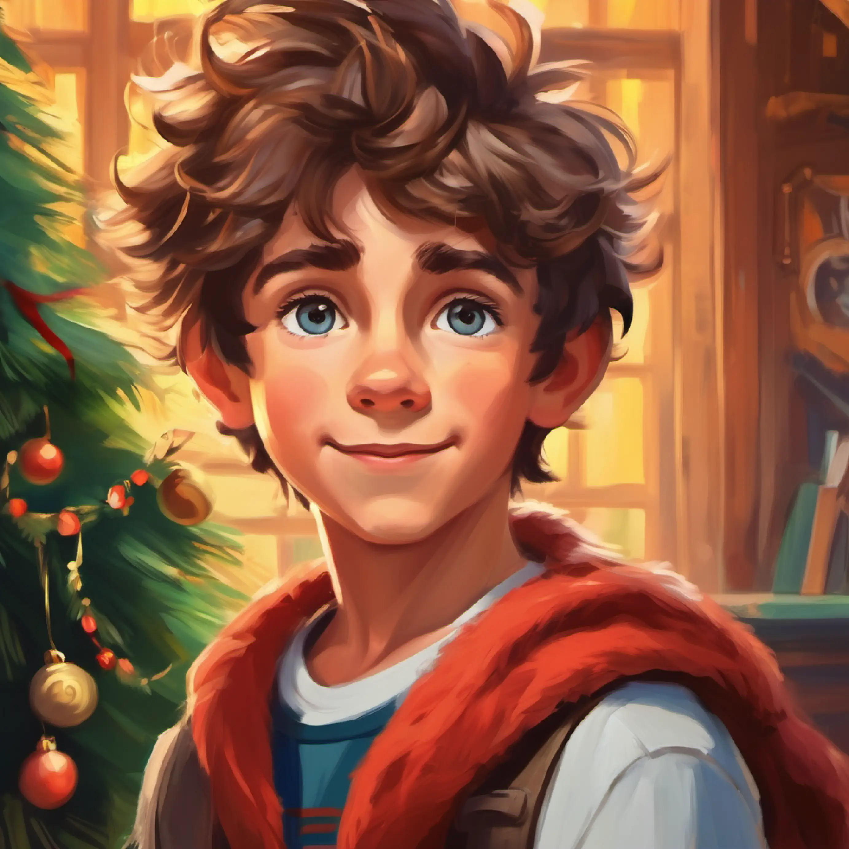 Energetic young boy, eager eyes, shaggy hair, adventurous is inspired by Robert's bravery. Duncan encourages him.