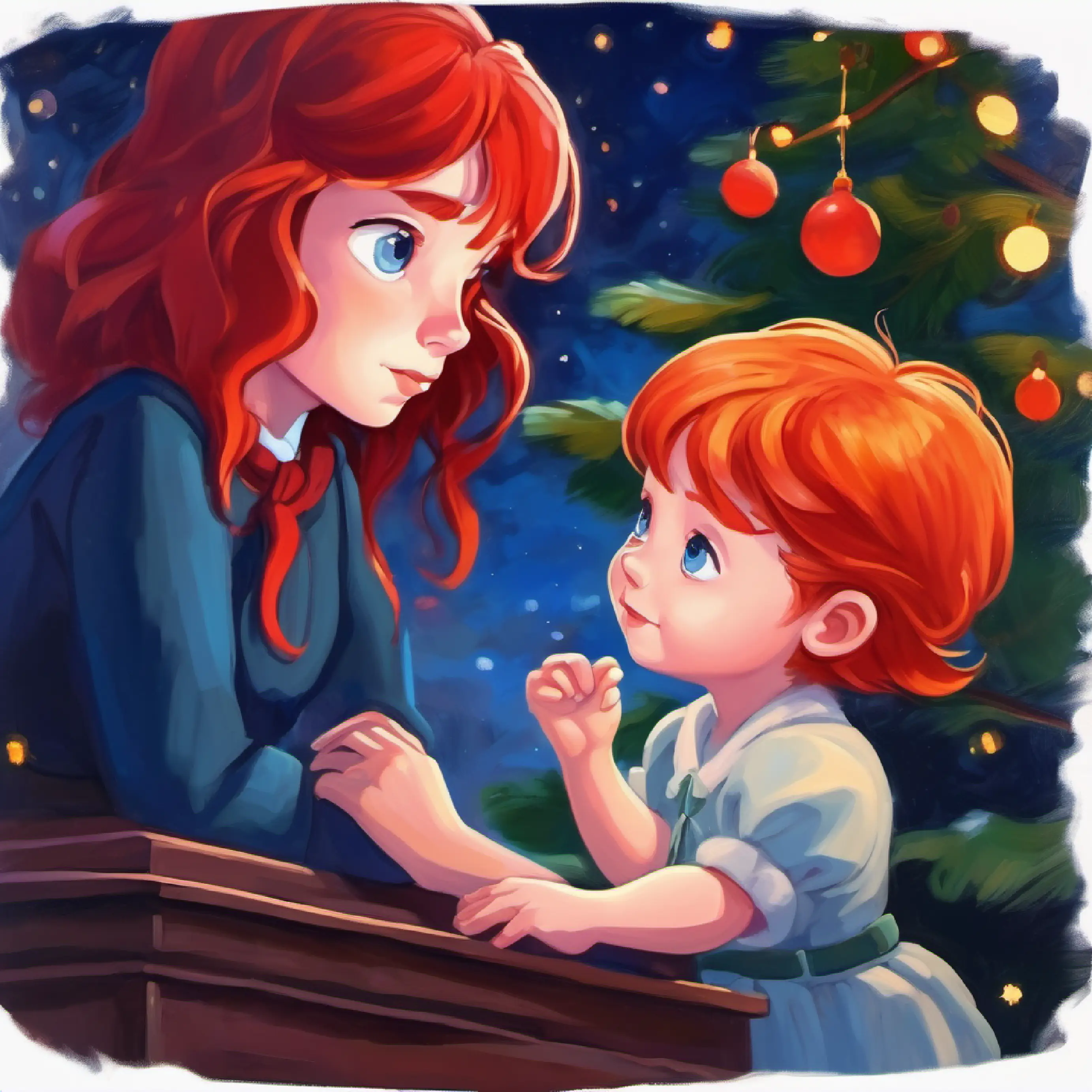 Night falls, Duncan reassures Curious young girl, bright blue eyes, red hair, inquisitive as she falls asleep.