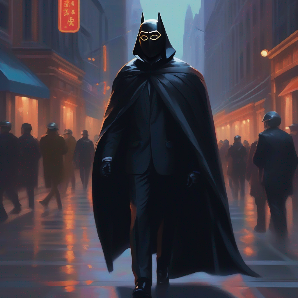 Wearing a black suit with a cape and a mask. deactivating the laughing device, saving the city.