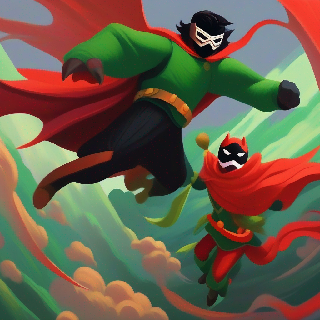 Wearing a black suit with a cape and a mask. and Wearing a red and green suit with a mask. fighting A giant creature with wings and sharp claws., showing bravery and teamwork.