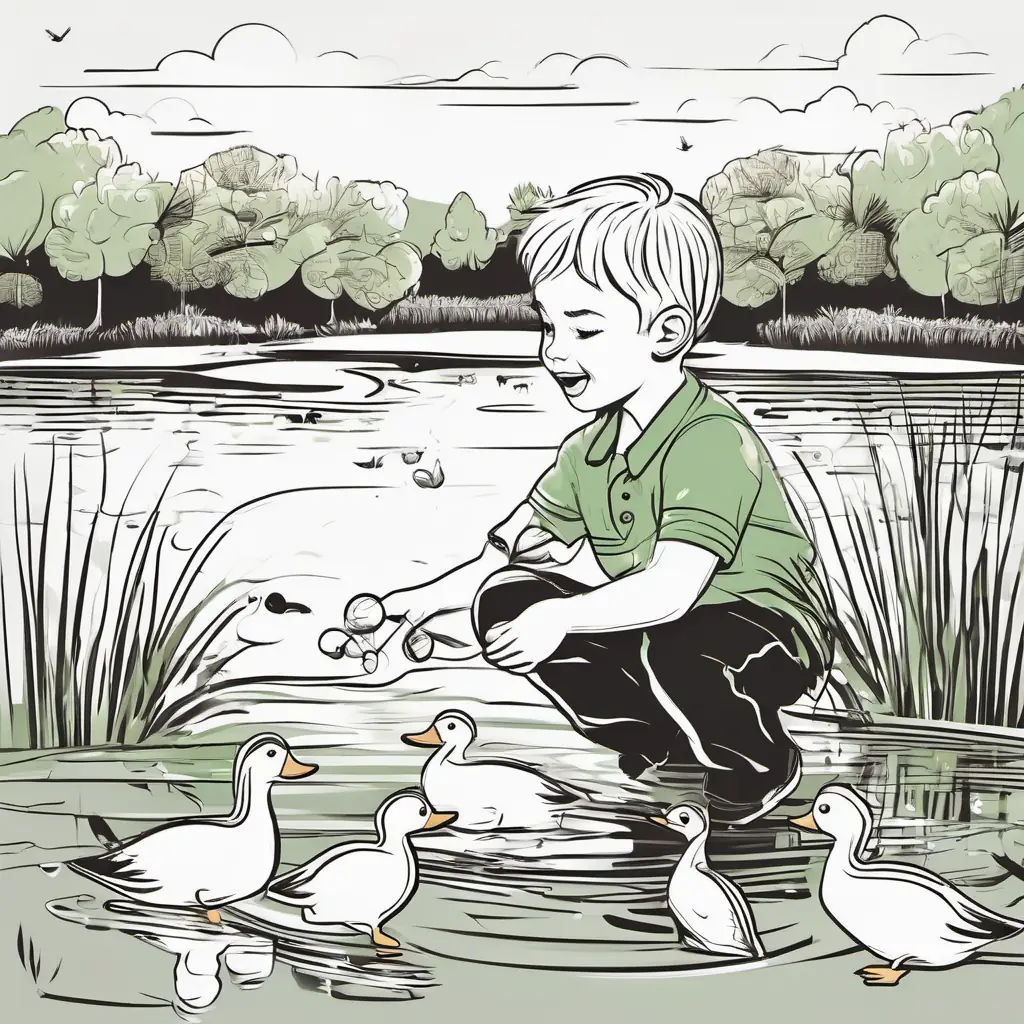 Playful boy with spiky blonde hair and green eyes kneeling by the pond, counting the ducks swimming happily.