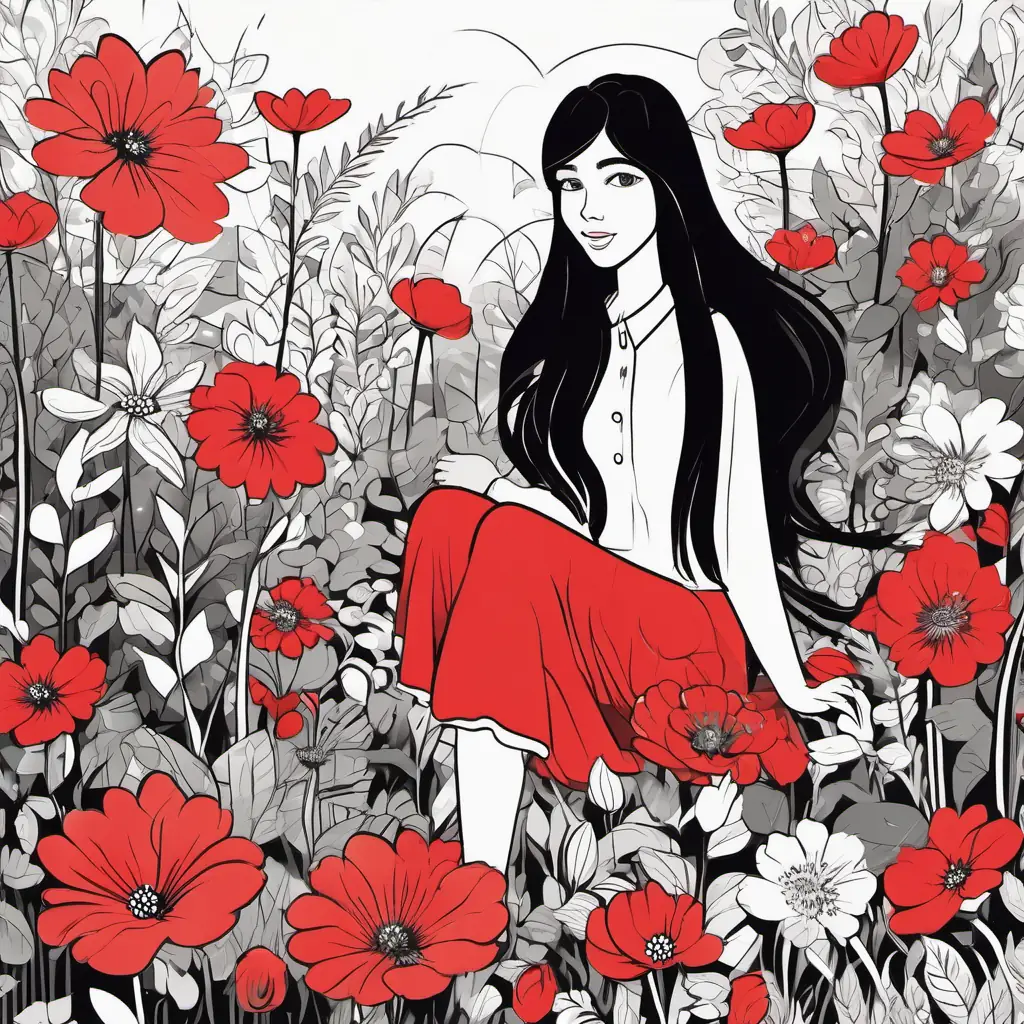 Kind girl with long black hair and brown eyes tiptoeing in a beautiful garden, counting the colorful flowers.