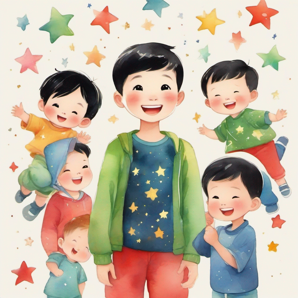 Chinese lady, black short hair, smiling and wearing colorful clothes, Little boy, black short hair, wearing a red shirt and blue pants, and Little baby boy, black short hair, wearing a cute green onesie in a rocket, colorful stars