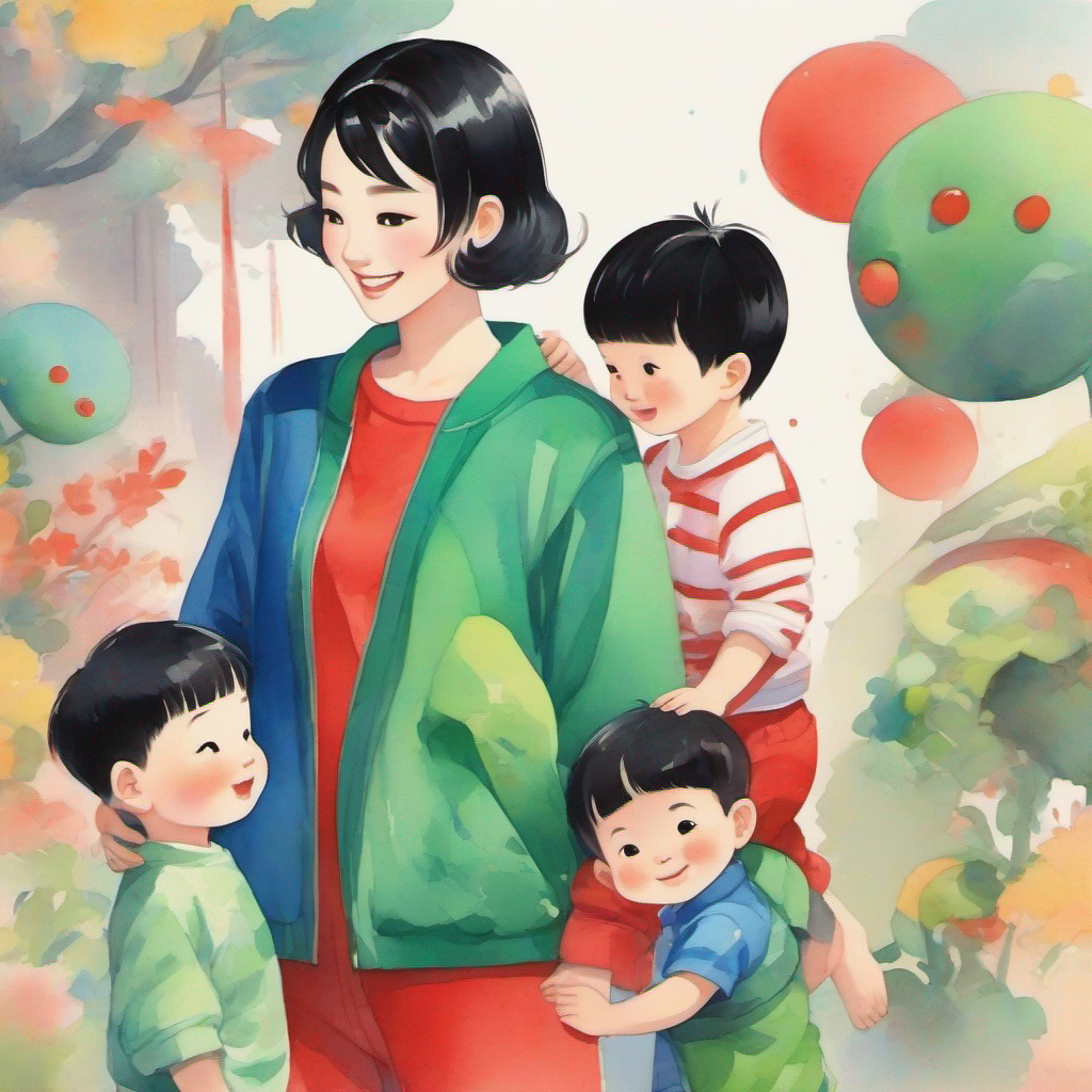 Chinese lady, black short hair, smiling and wearing colorful clothes talking to Little boy, black short hair, wearing a red shirt and blue pants and Little baby boy, black short hair, wearing a cute green onesie, alien shapes hiding