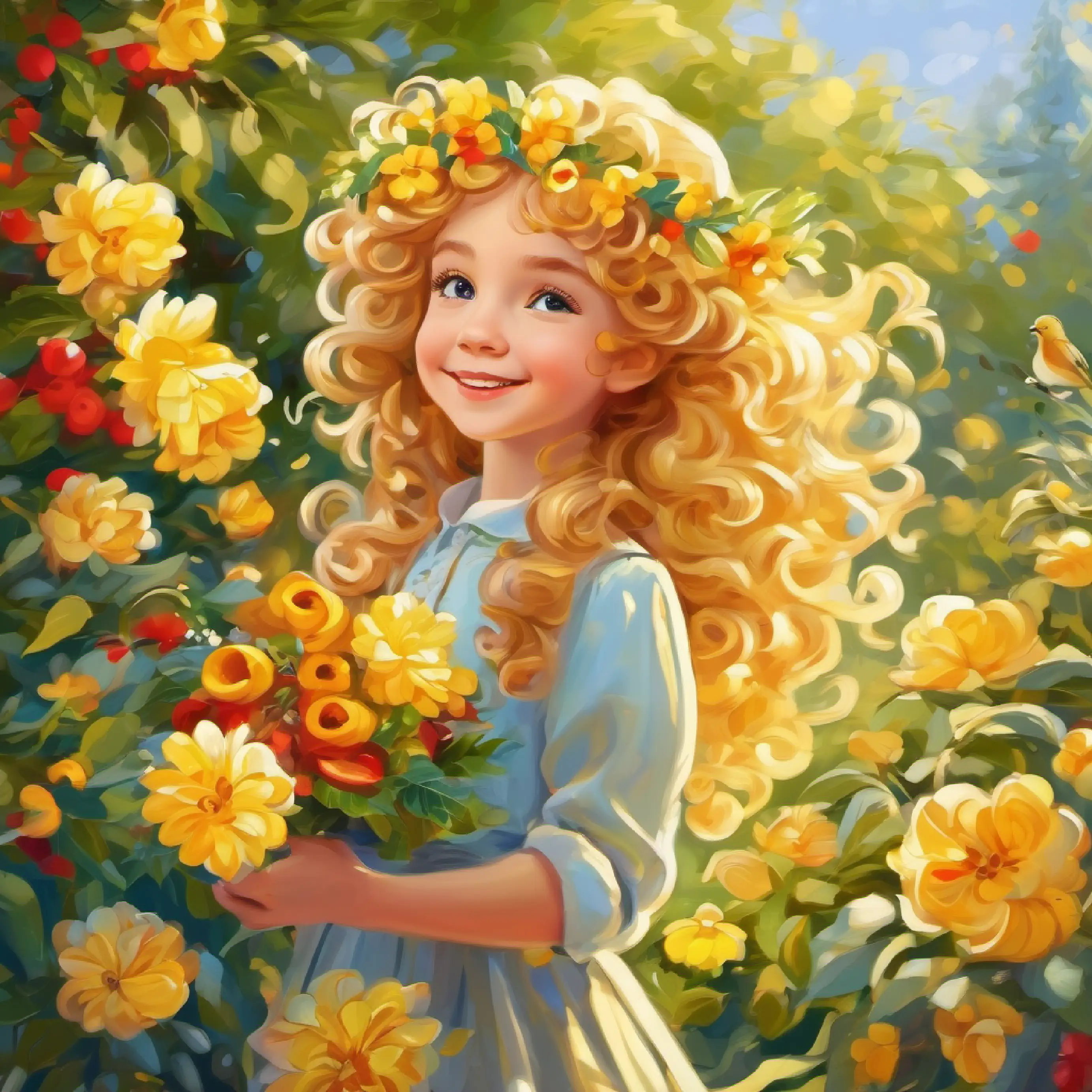 Introducing Golden curls, joyful, loves outdoors, kind heart, a bright day in a flower-filled garden.