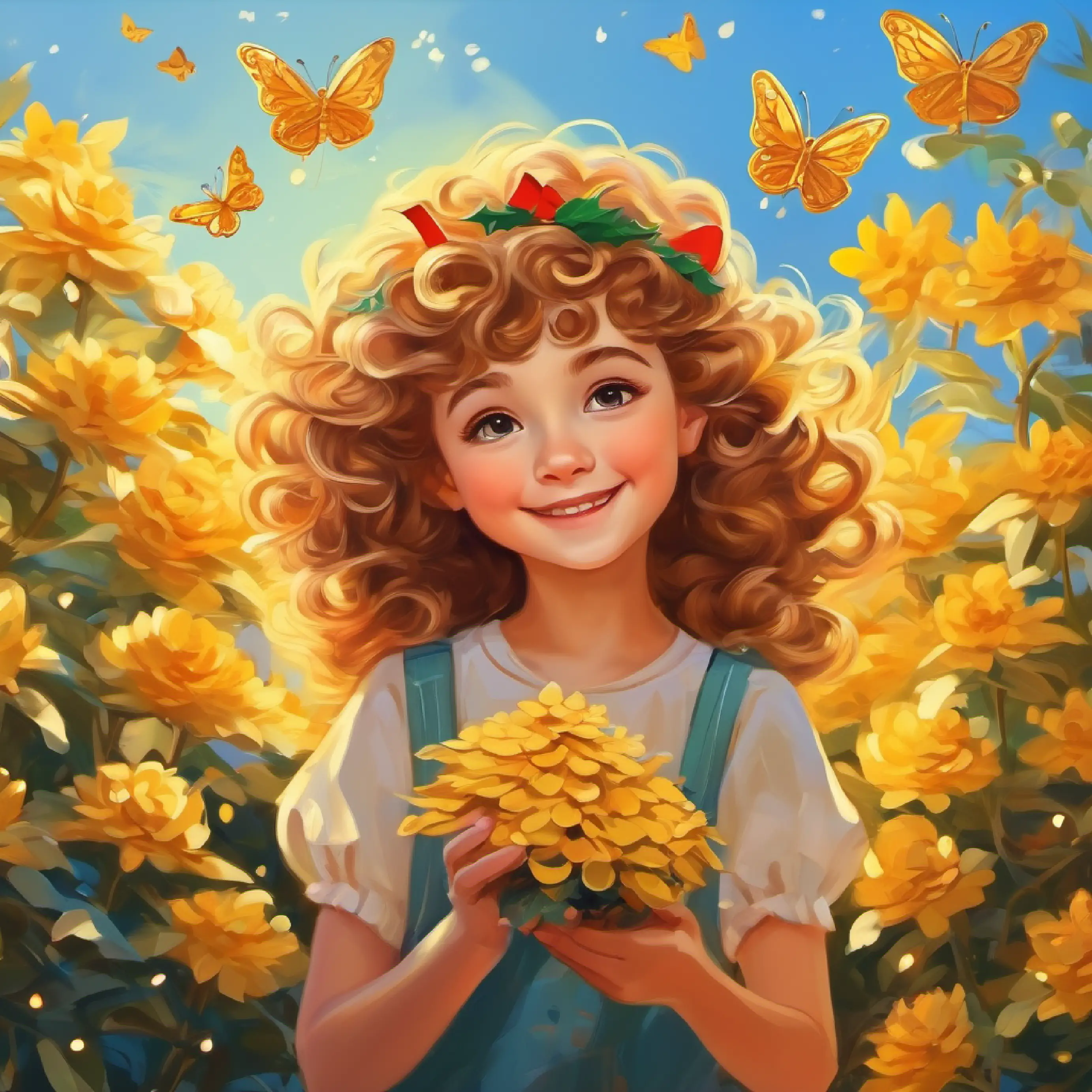 Golden curls, joyful, loves outdoors, kind heart's appearance, playing with butterflies in the sun.