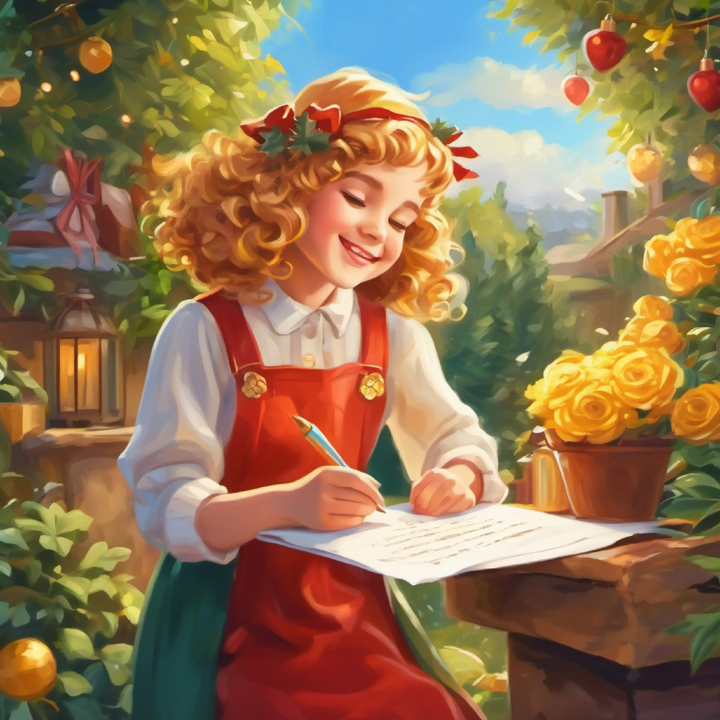 Golden curls, joyful, loves outdoors, kind heart writing a letter to her cousin about garden adventures.