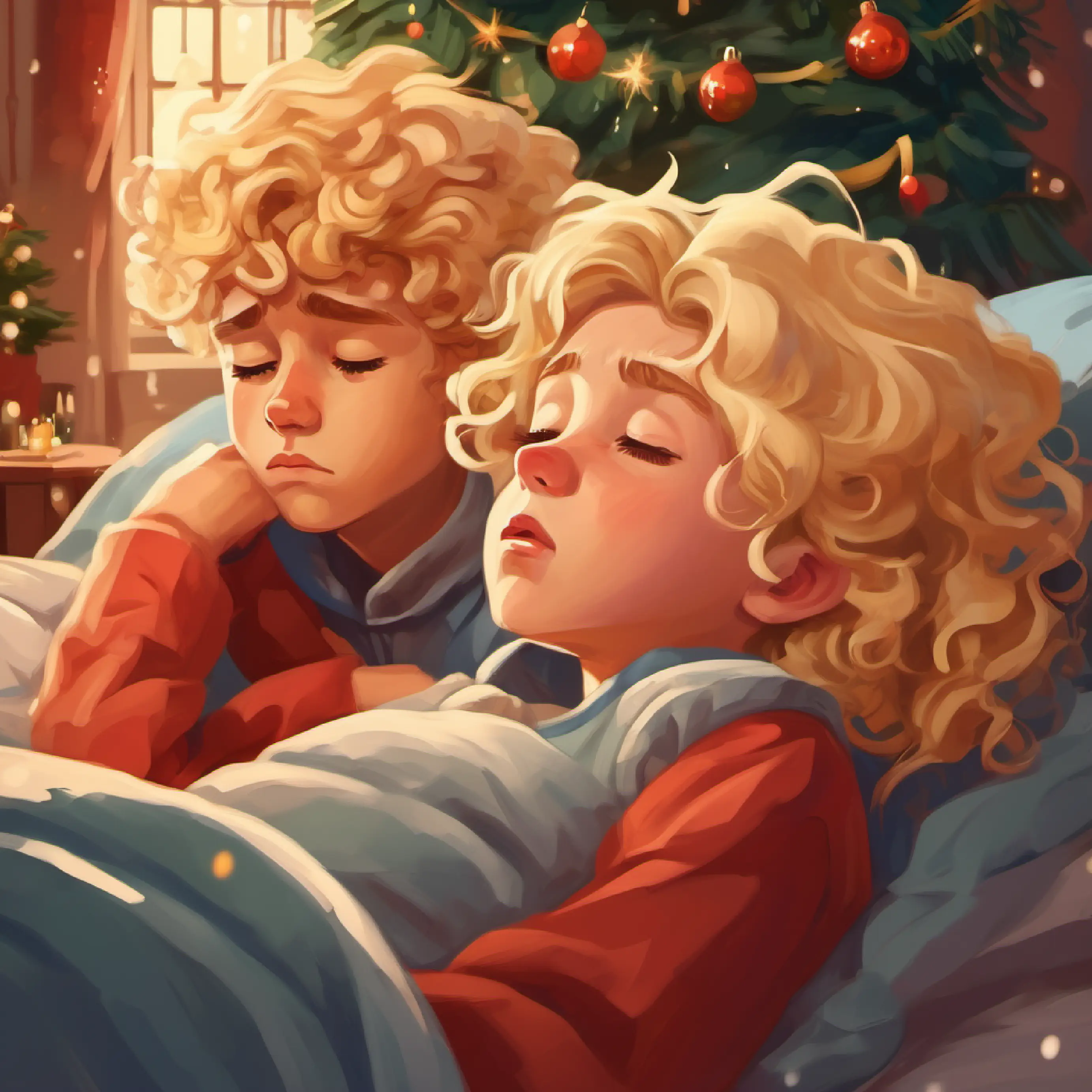 boy with curly blonde hair crying very sad and girl with curly blonde hair asleep in bed