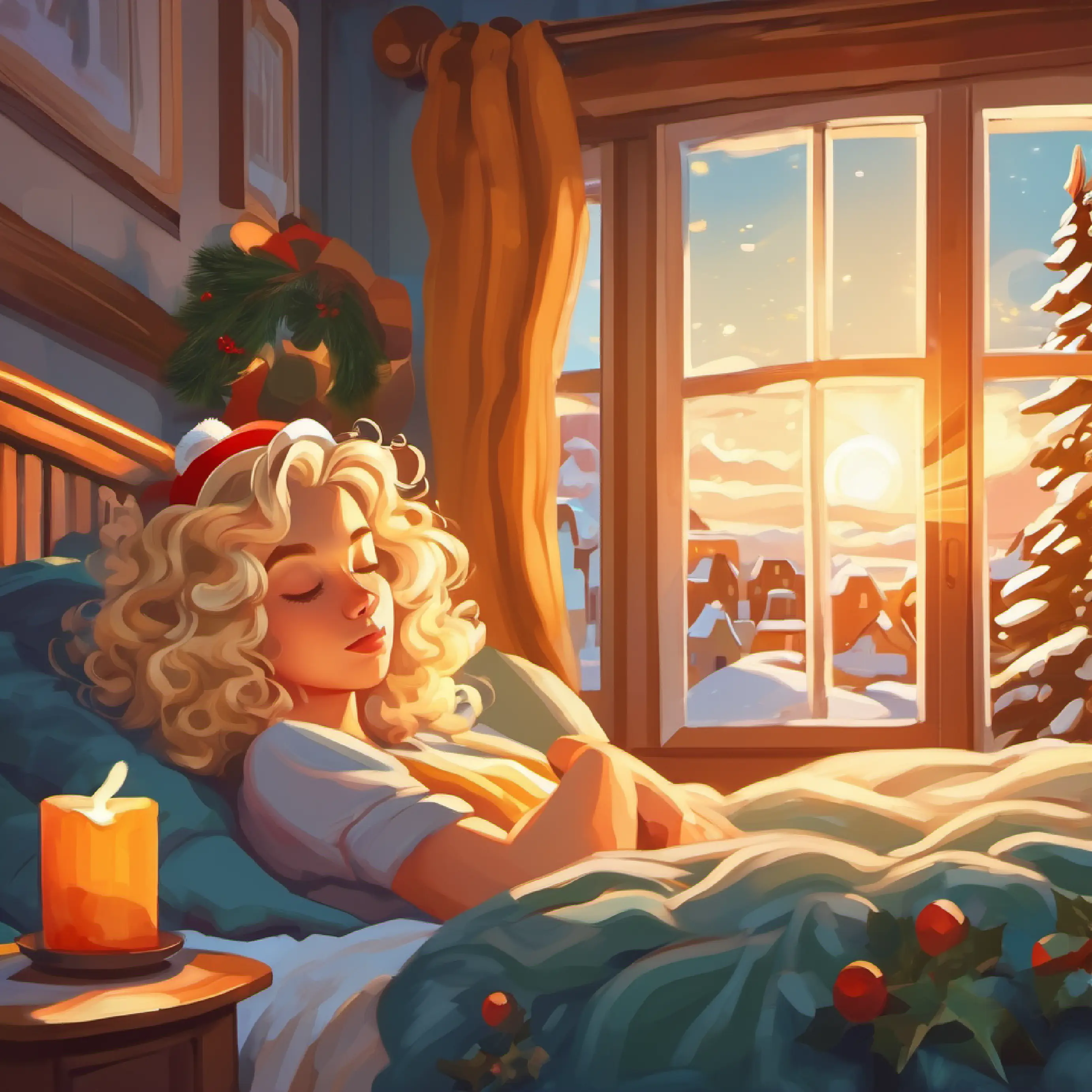 girl with curly blonde hair asleep in bed, house with sun