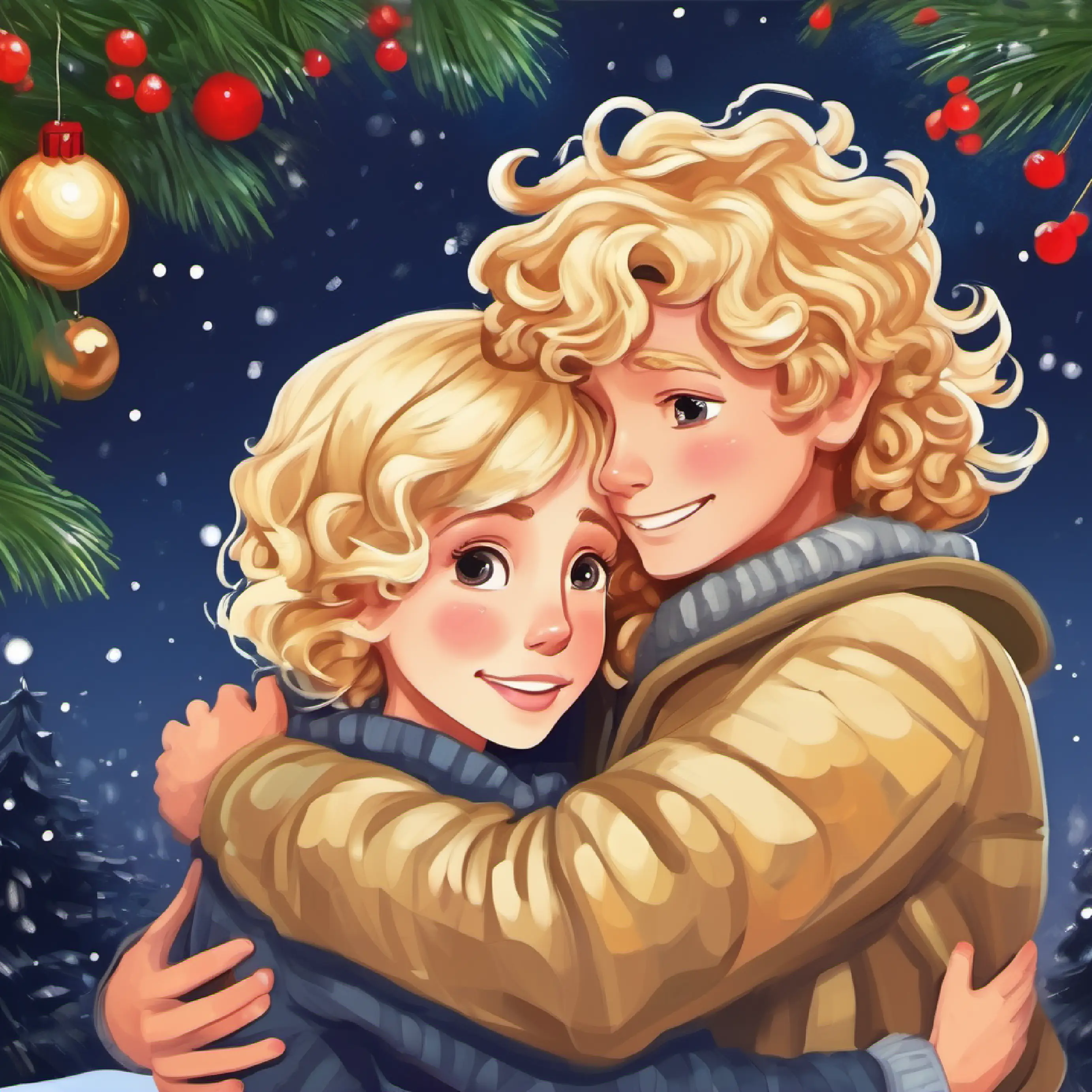 blonde hair boy and curly blonde girl happy hugging