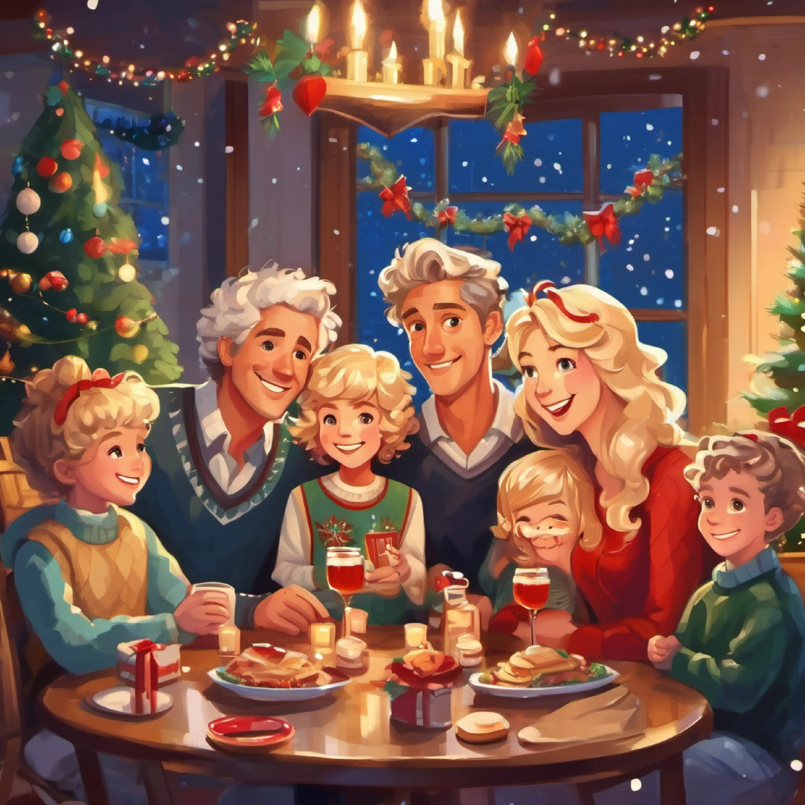 boy with blonde hair and girl with curly blonde hair and dad and mom and 3 friends at Christmas happy