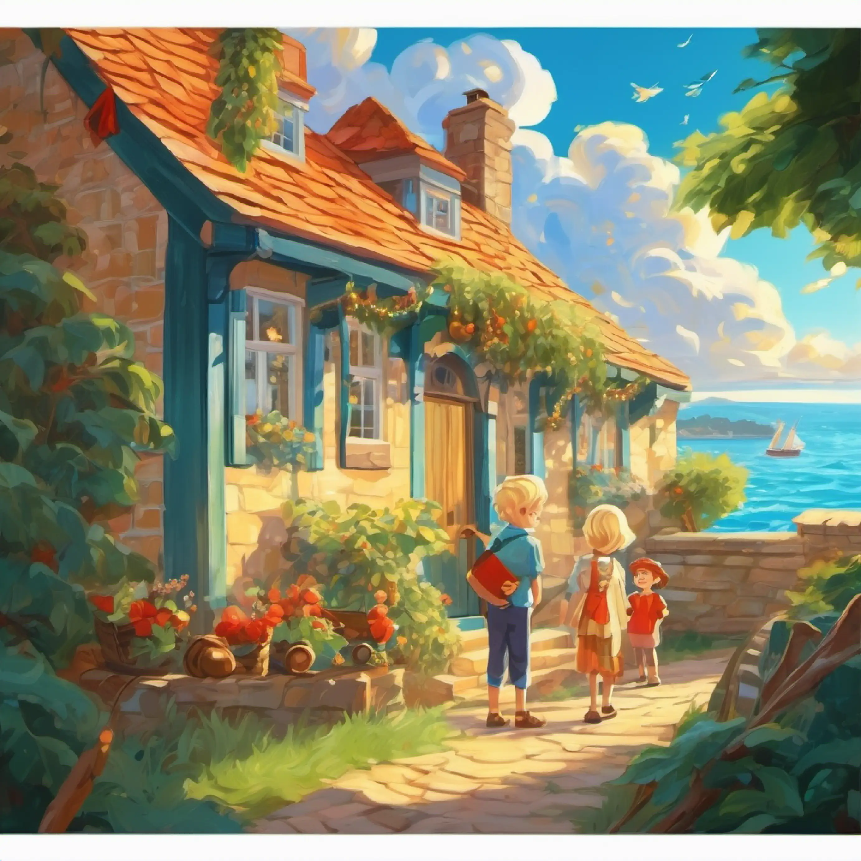 blonde boy and girl with curly blonde hair building house in the sun and sea with grandparents