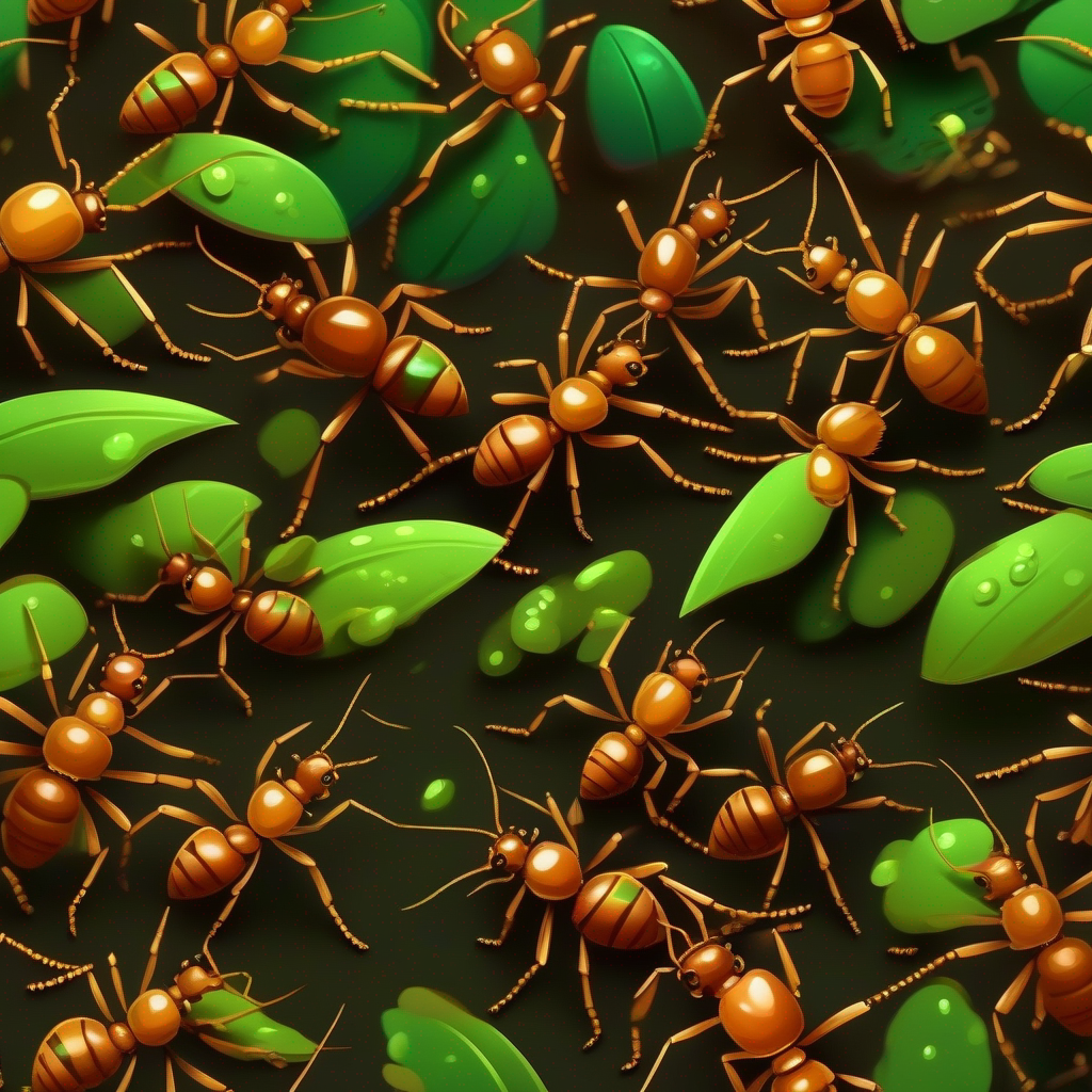 Tiny brown ants, hardworking and determineds marching, colors: brown, green