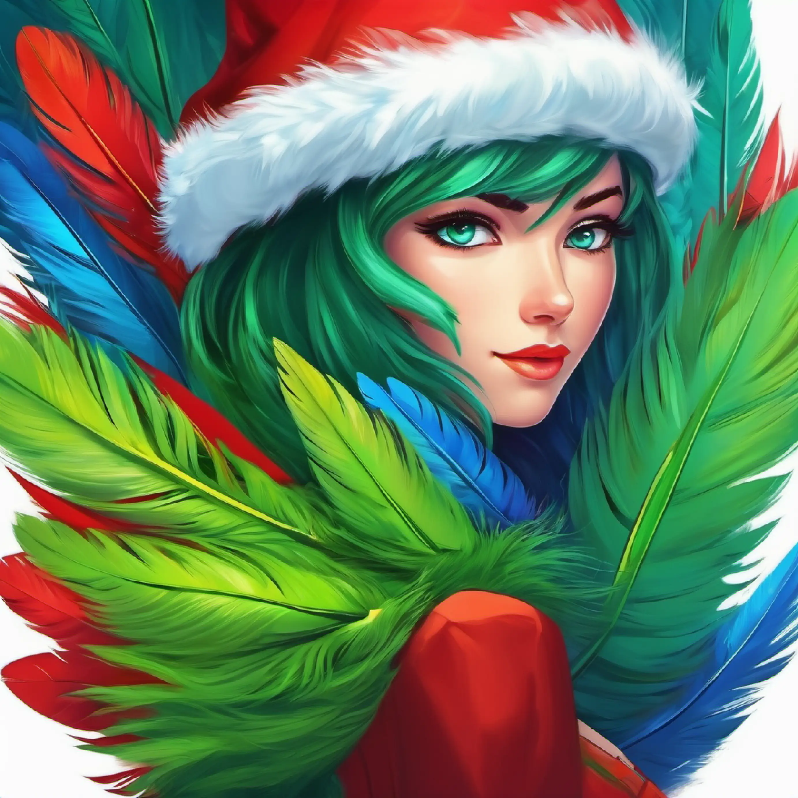 Vivid green feathers with red accents, sharp blue eyes supports the idea of blending colors.