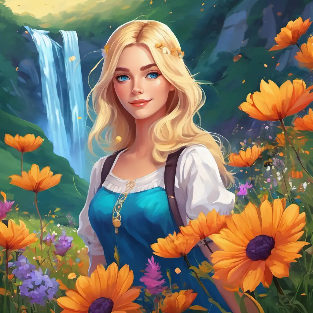 Blonde hair, blue eyes, fair skin, stylish fashion sense is standing in a beautiful meadow with vibrant flowers and a sparkling waterfall in the background.