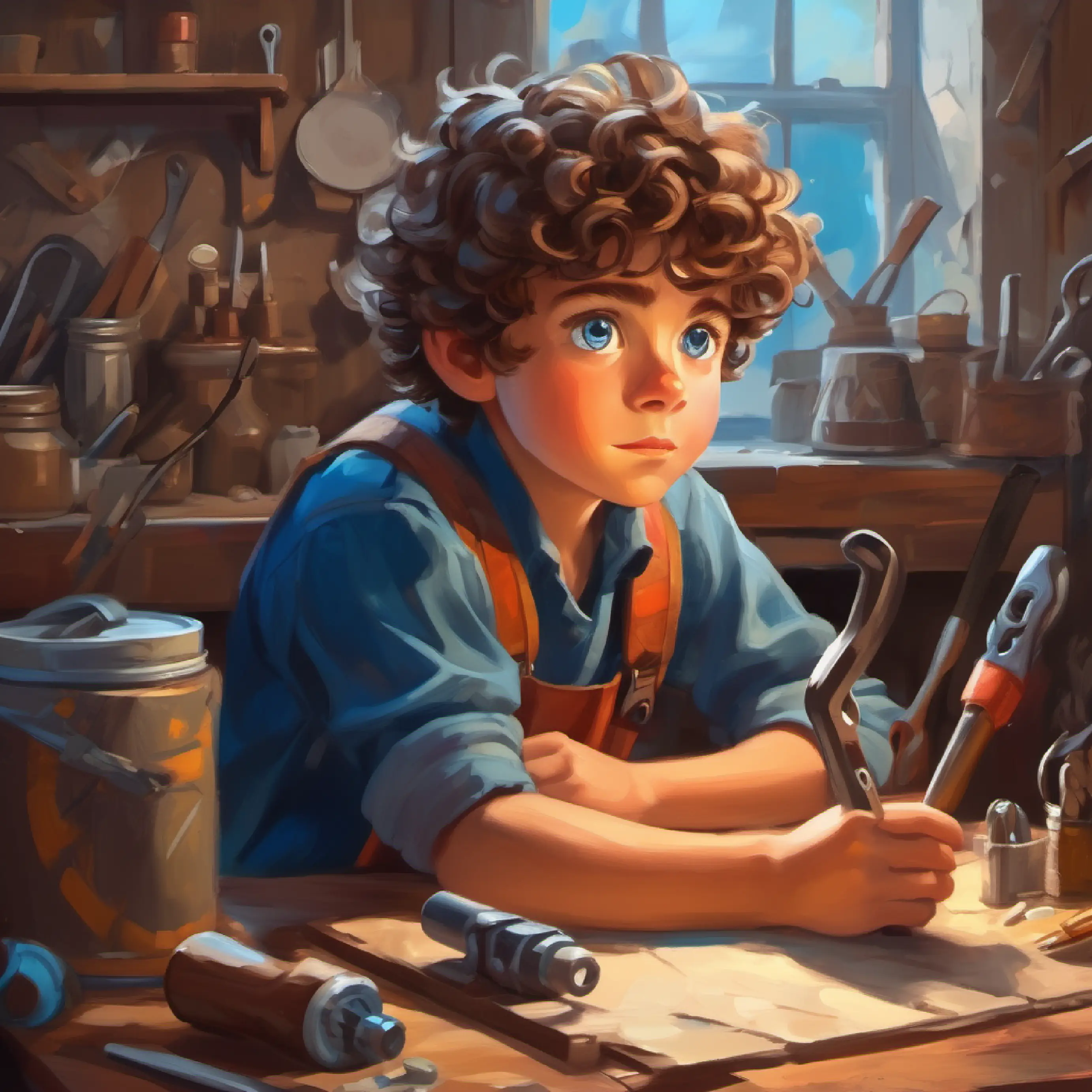 Shows A young boy, eager, with curly brown hair and big blue eyes with his tools, establishing his blaming habit.