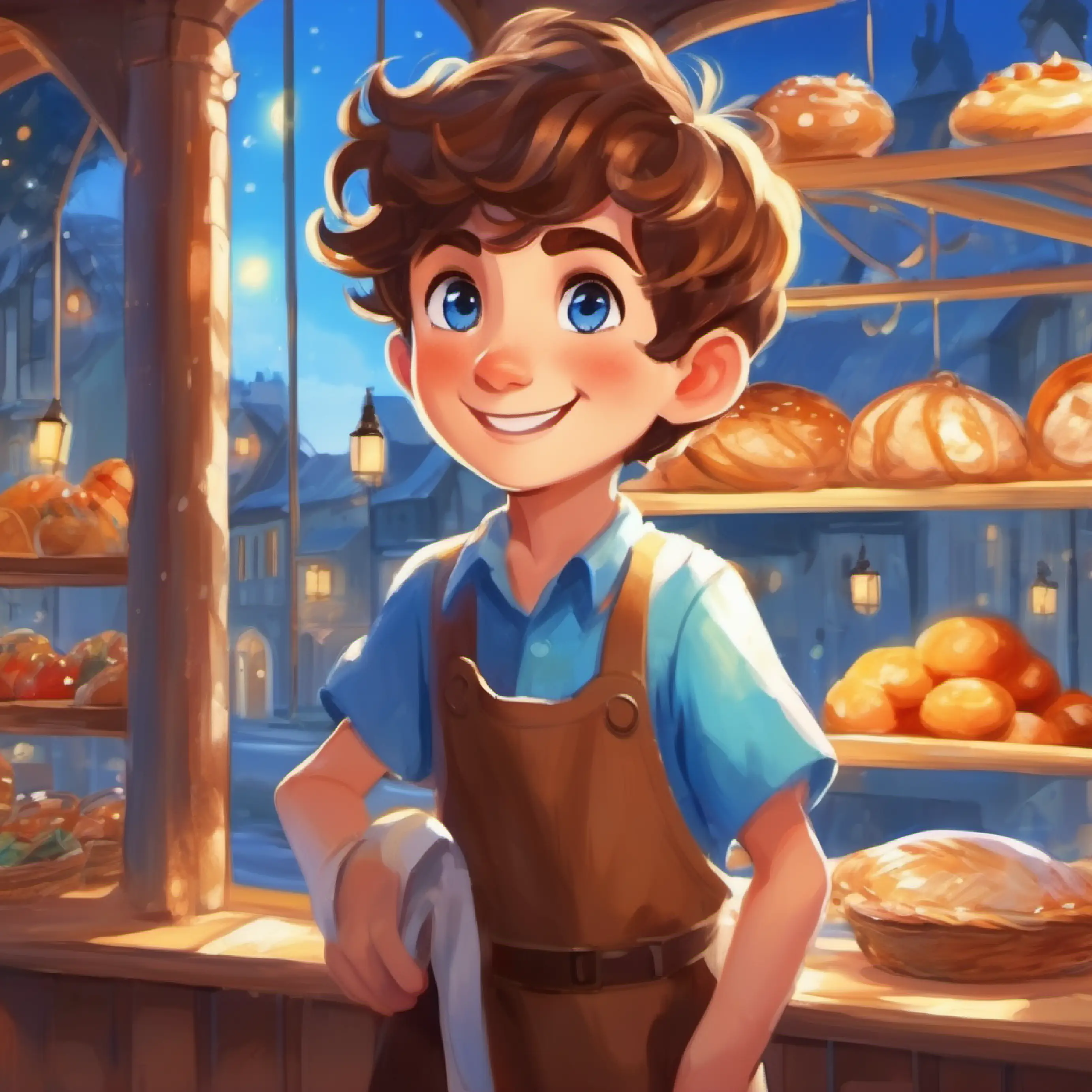 Cheerful boy, short brown hair, sparkling blue eyes visits the baker, who misses the sunshine