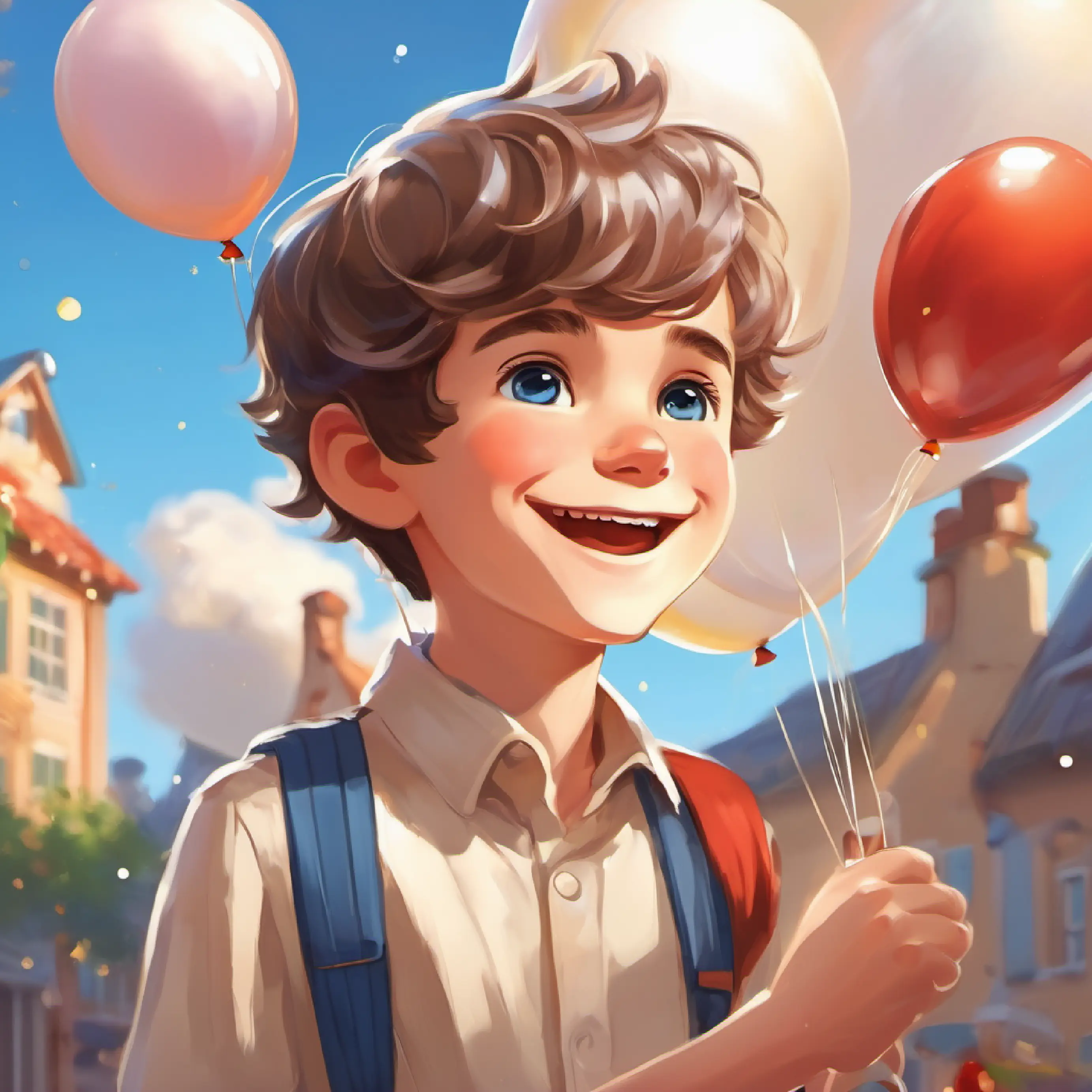 Cheerful boy, short brown hair, sparkling blue eyes cheers up Jovial baker, white hair, kind brown eyes with a 'sunshine' balloon