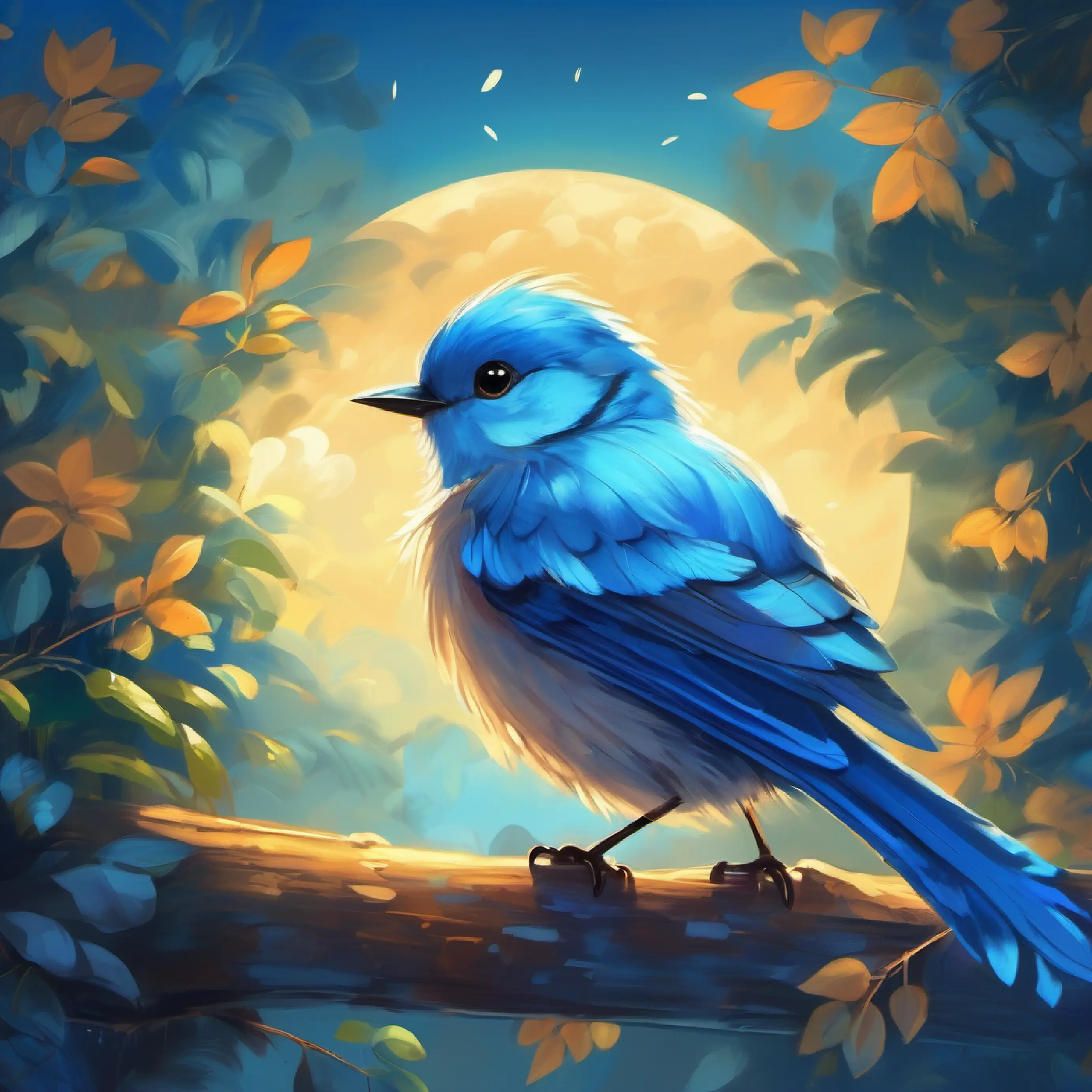 Little bird with bright blue feathers, cheerful waking up earlier than usual, under the moonlight.