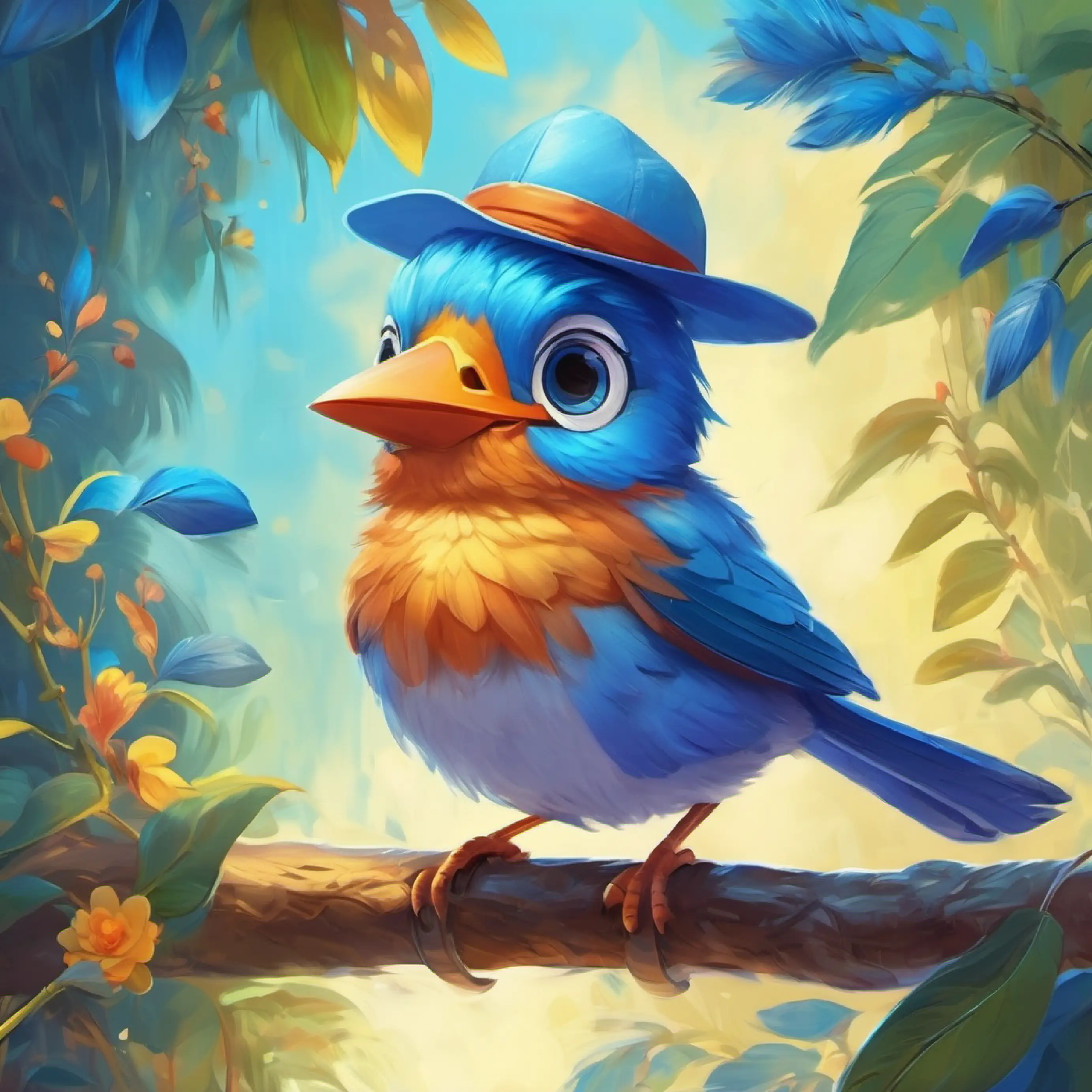 Little bird with bright blue feathers, cheerful hears the worm, who wears glasses and a hat.