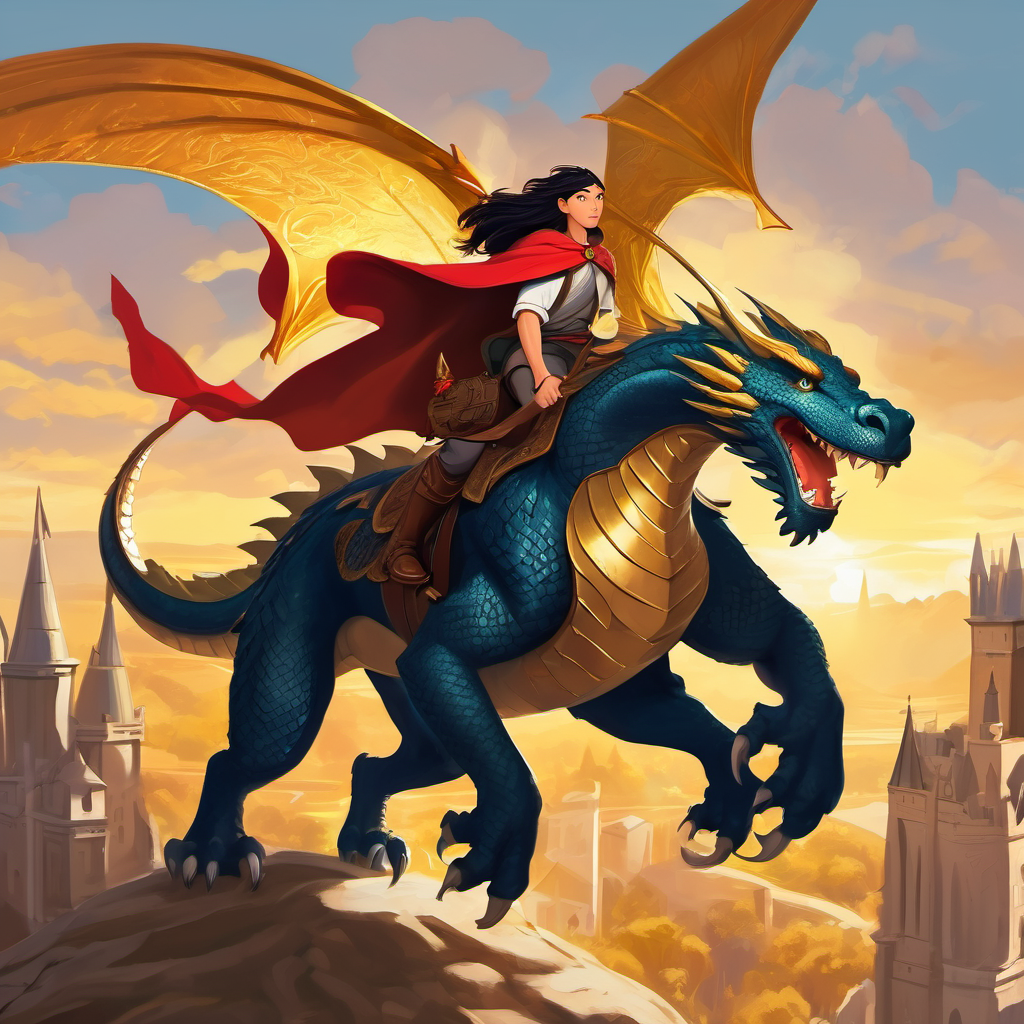 Brave adventurer with a determined expression and cape riding on Three-headed dragon with golden scales and wings, determined to protect the city