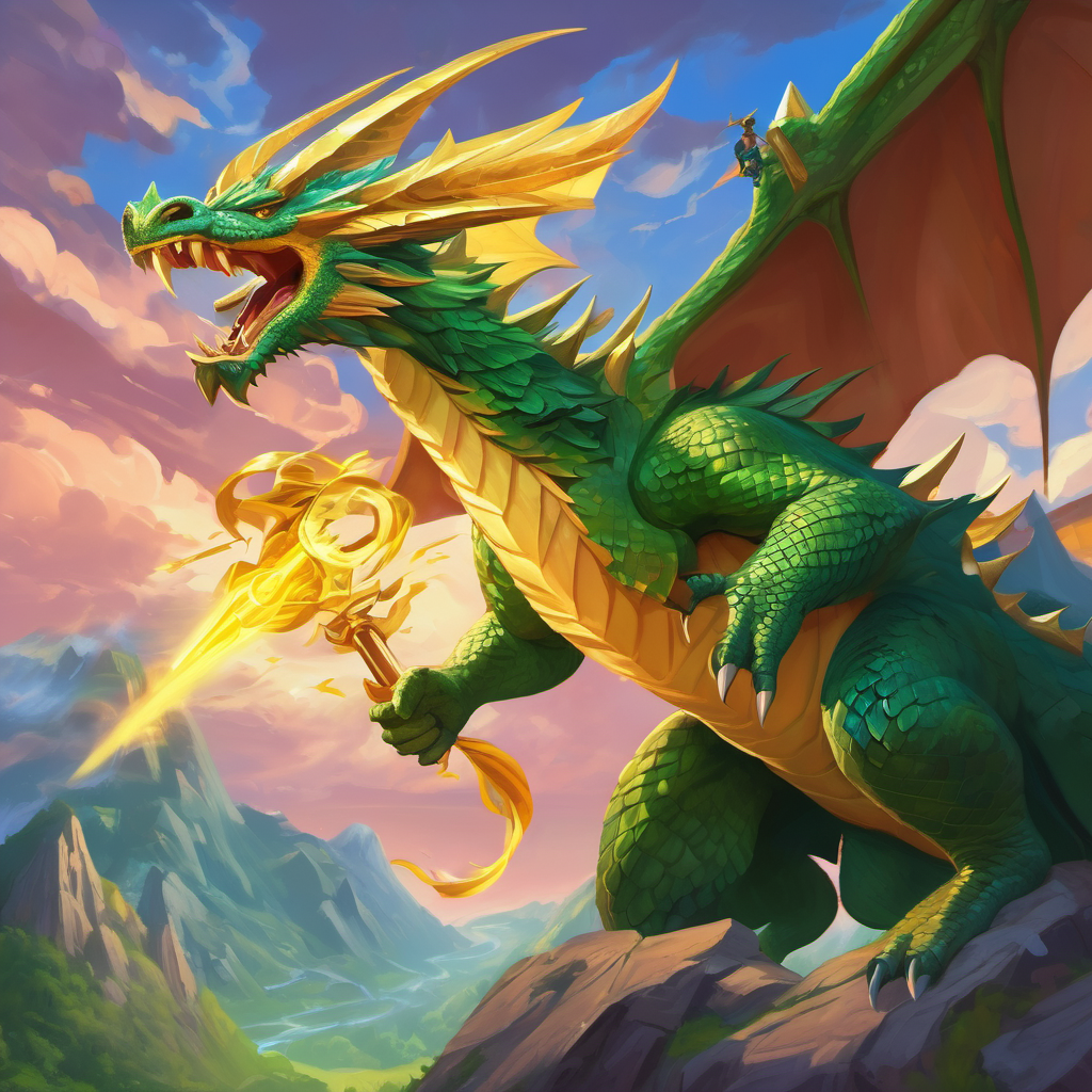 Brave adventurer with a determined expression and cape pointing, Three-headed dragon with golden scales and wings and Giant moth with colorful wings and powerful energy blasts attacking Green giant with sharp teeth and destructive power