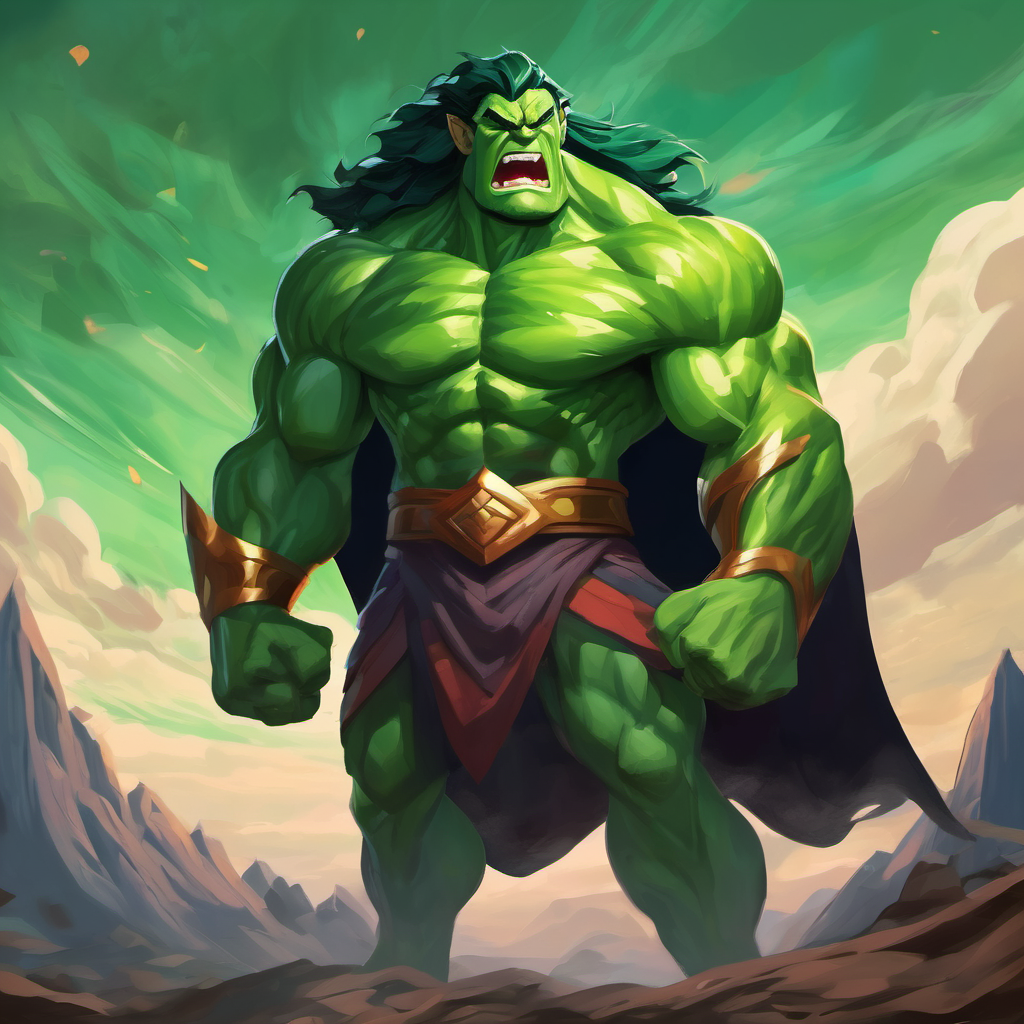 Brave adventurer with a determined expression and cape standing strong, Green giant with sharp teeth and destructive power roaring in anger
