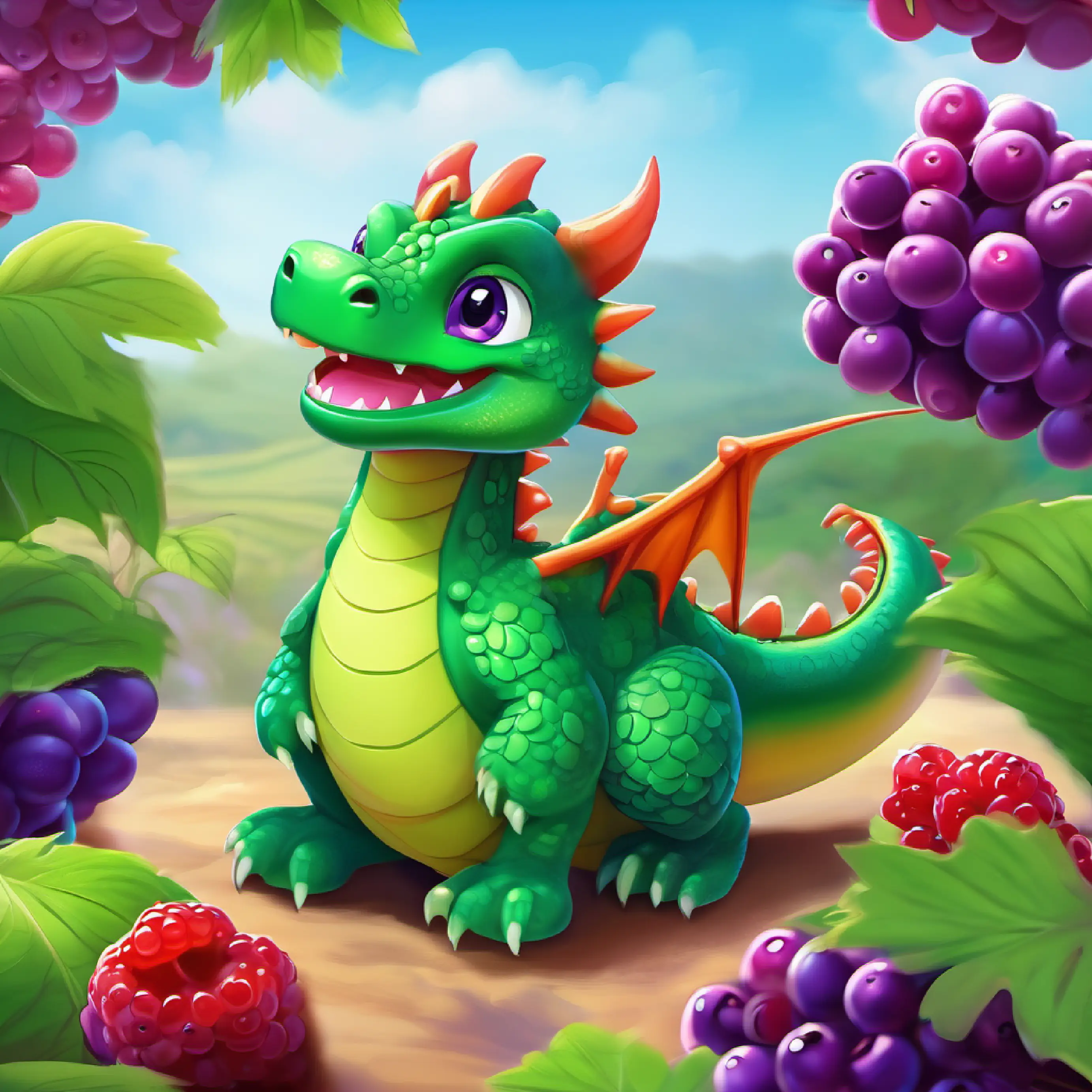 Learning subtraction with berries, Young dragon, green skin, curious purple eyes has fun.